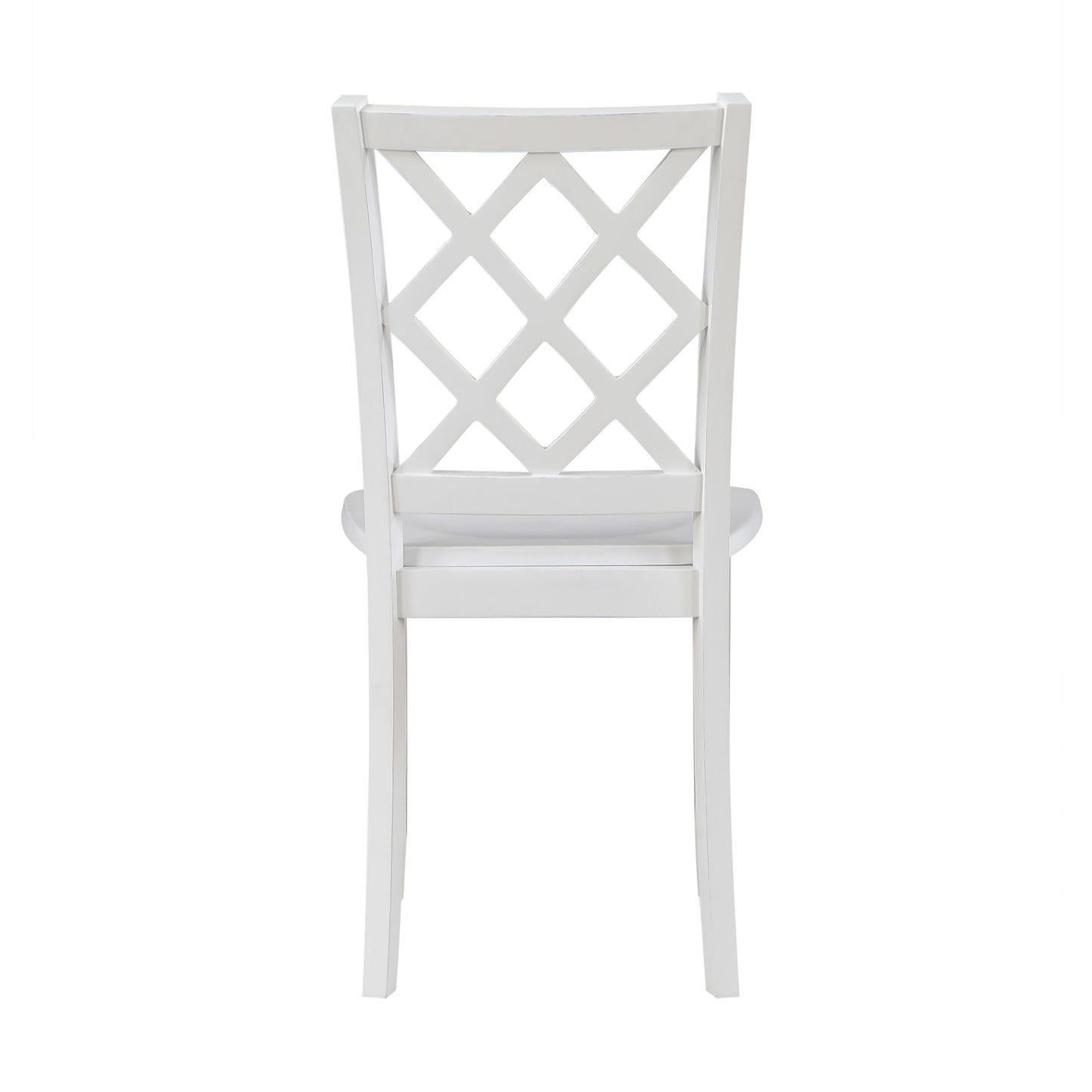 White dining chair with a crisscross back design and upholstered seat