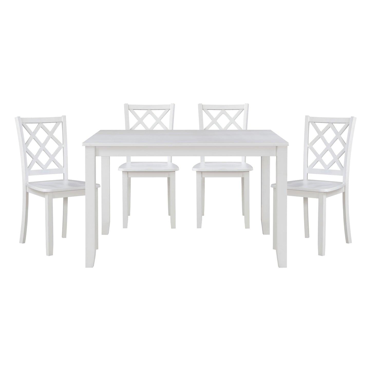 White dining table and four chairs with lattice back design perfect for a modern kitchen
