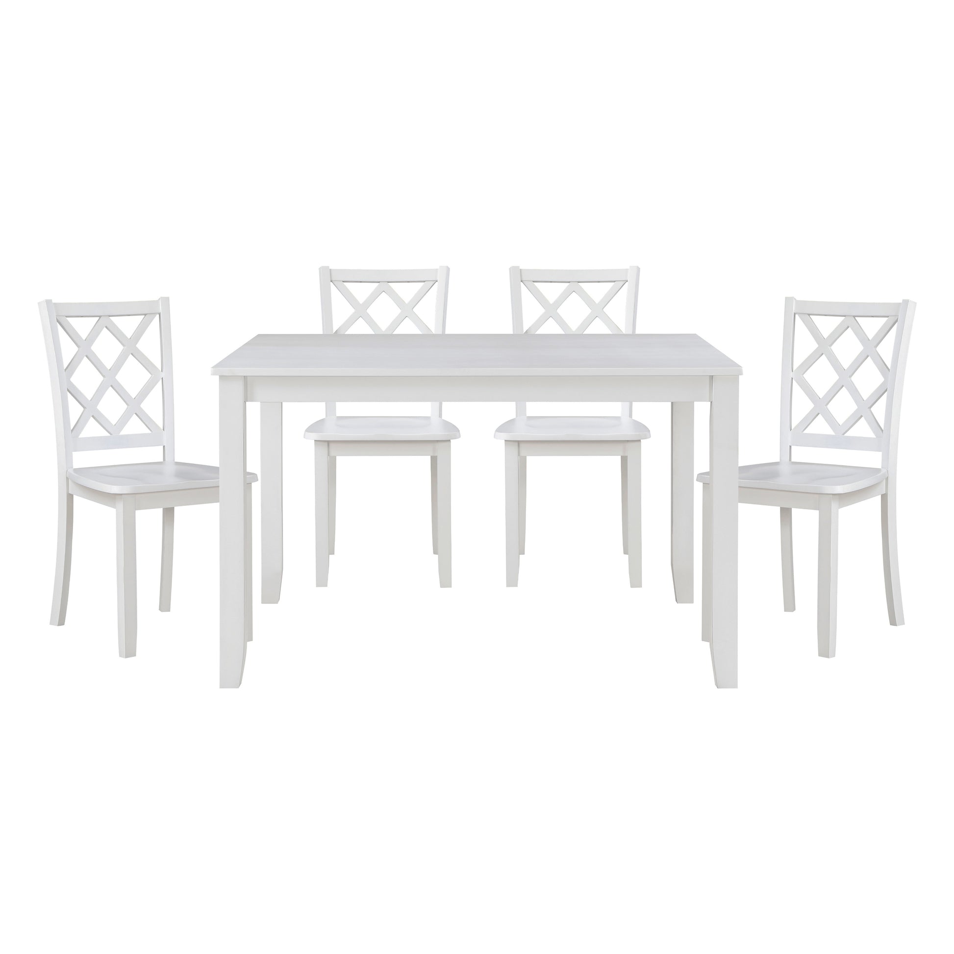 White dining table and four chairs with lattice back design perfect for a modern kitchen