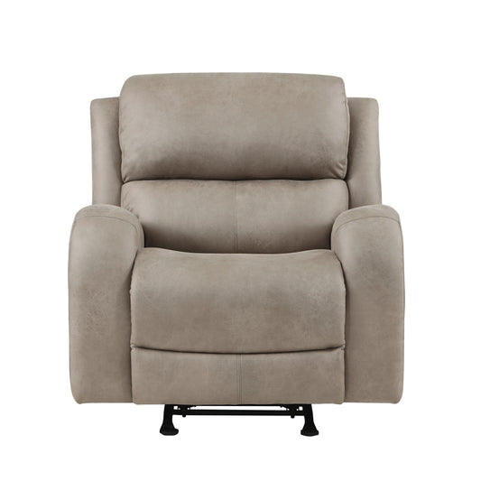 Taupe microfiber recliner chair with plush cushioning and sturdy metal base