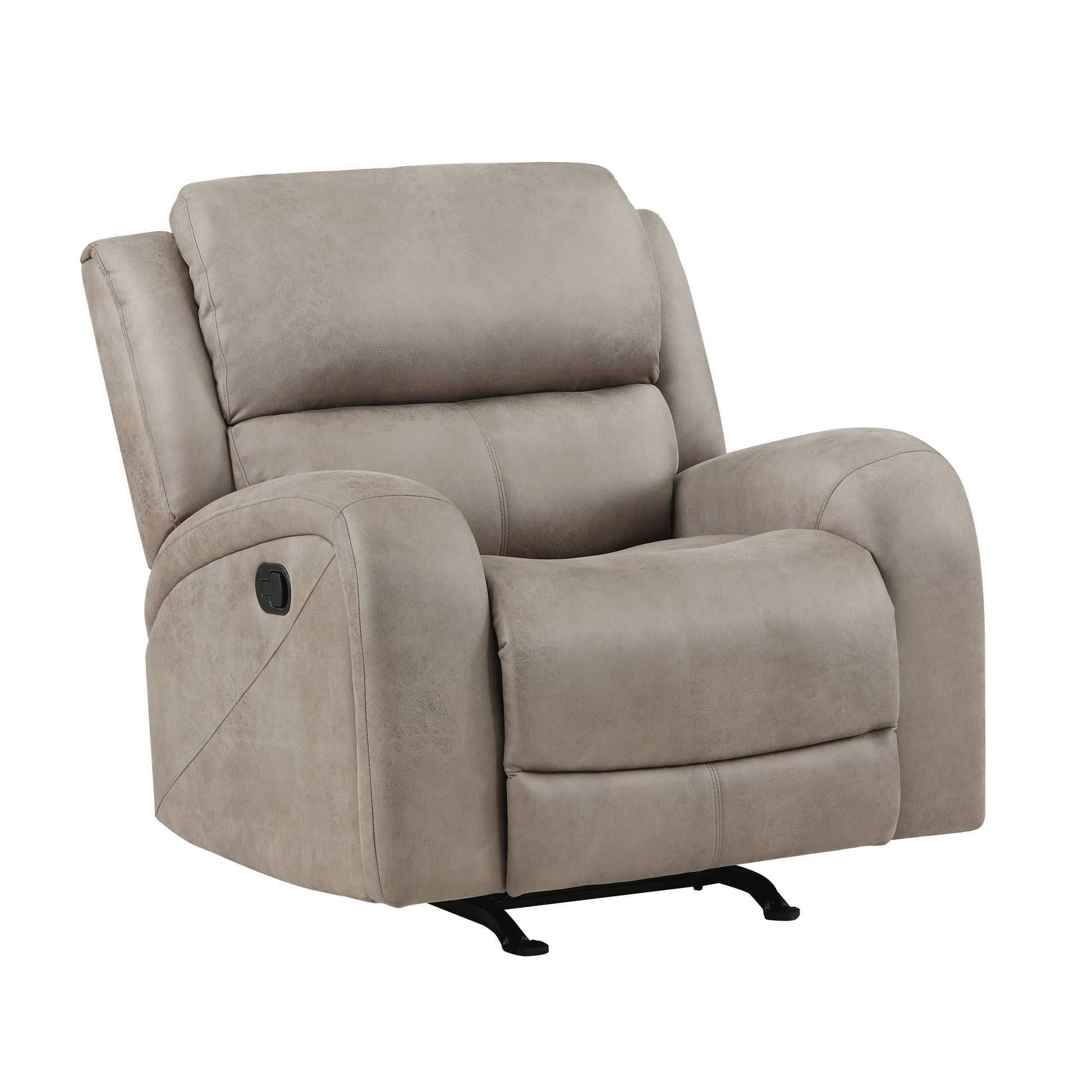 Comfortable taupe faux leather recliner chair with manual lever for easy reclining