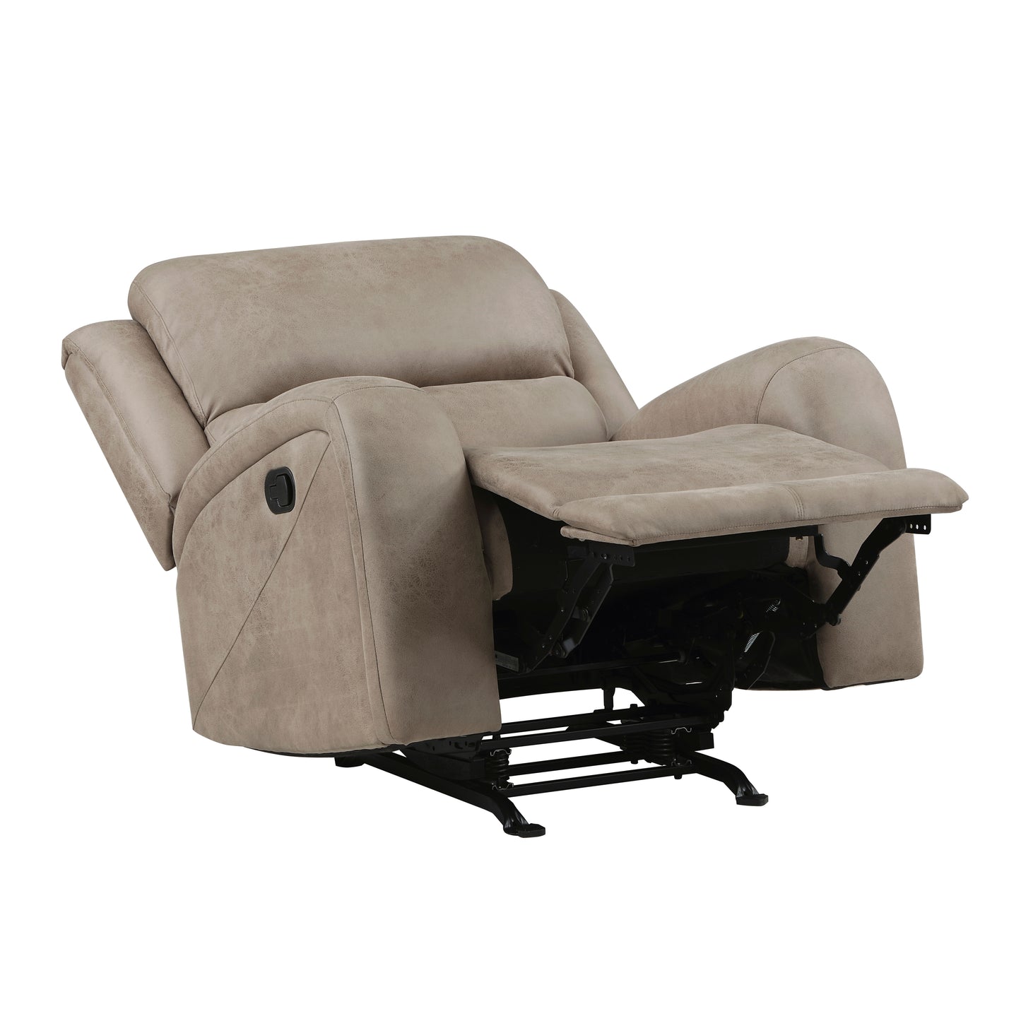 Taupe power recliner with padded arms and footrest extended