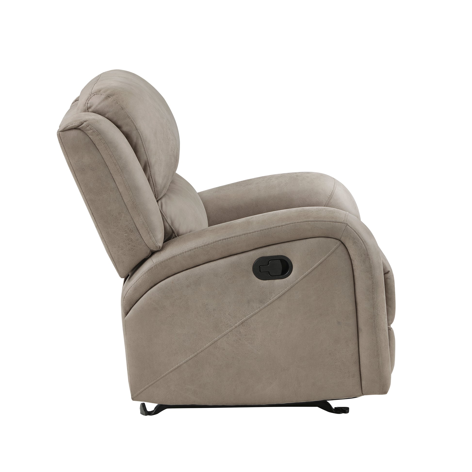 Taupe upholstered recliner chair with plush cushioning and side lever ideal for living rooms