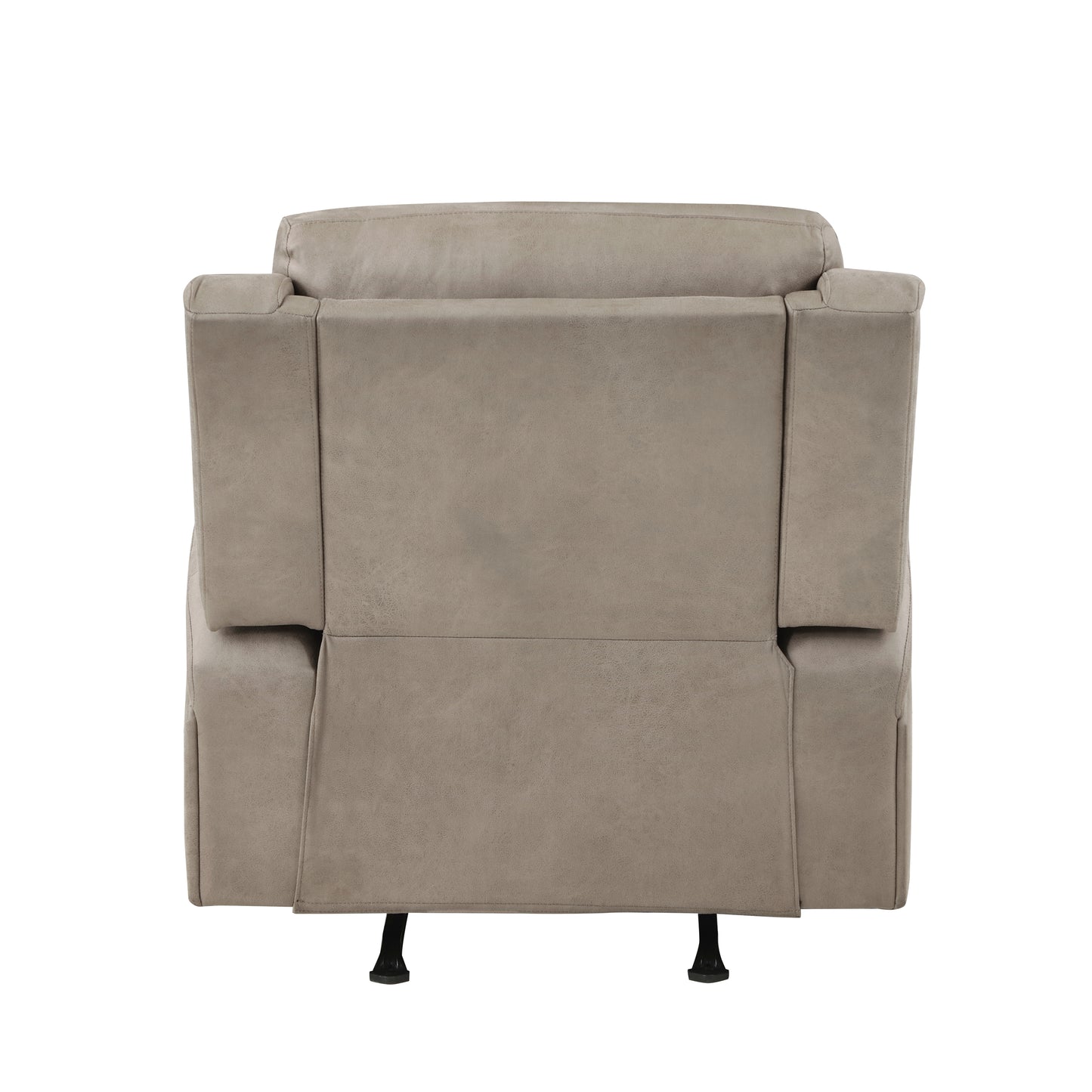 Back view of a plush grey recliner chair with sturdy black legs
