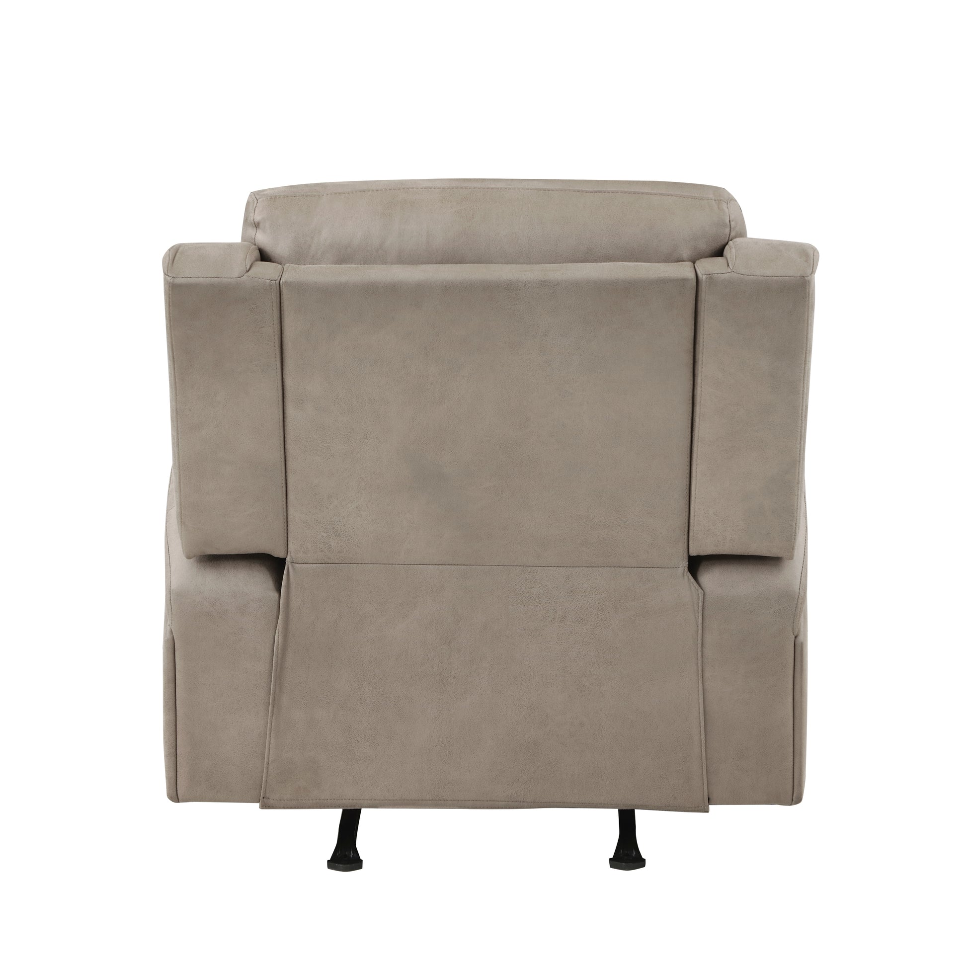 Back view of a plush grey recliner chair with sturdy black legs