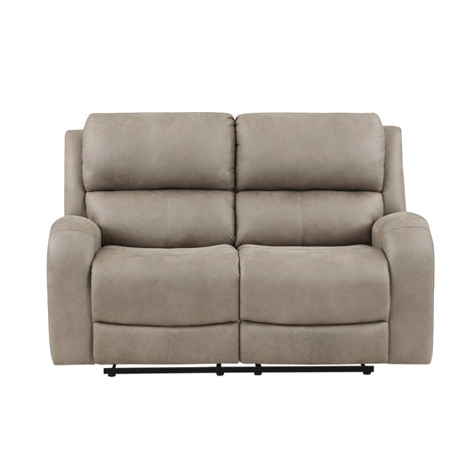 Taupe faux leather twoseater reclining sofa with plush cushions and rolled arms