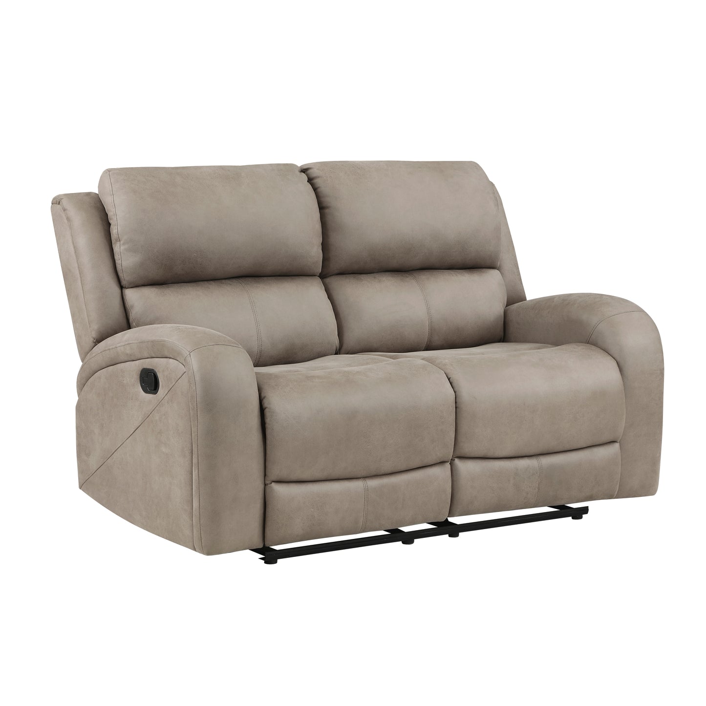 Taupe leather loveseat recliner with pull lever and padded seats