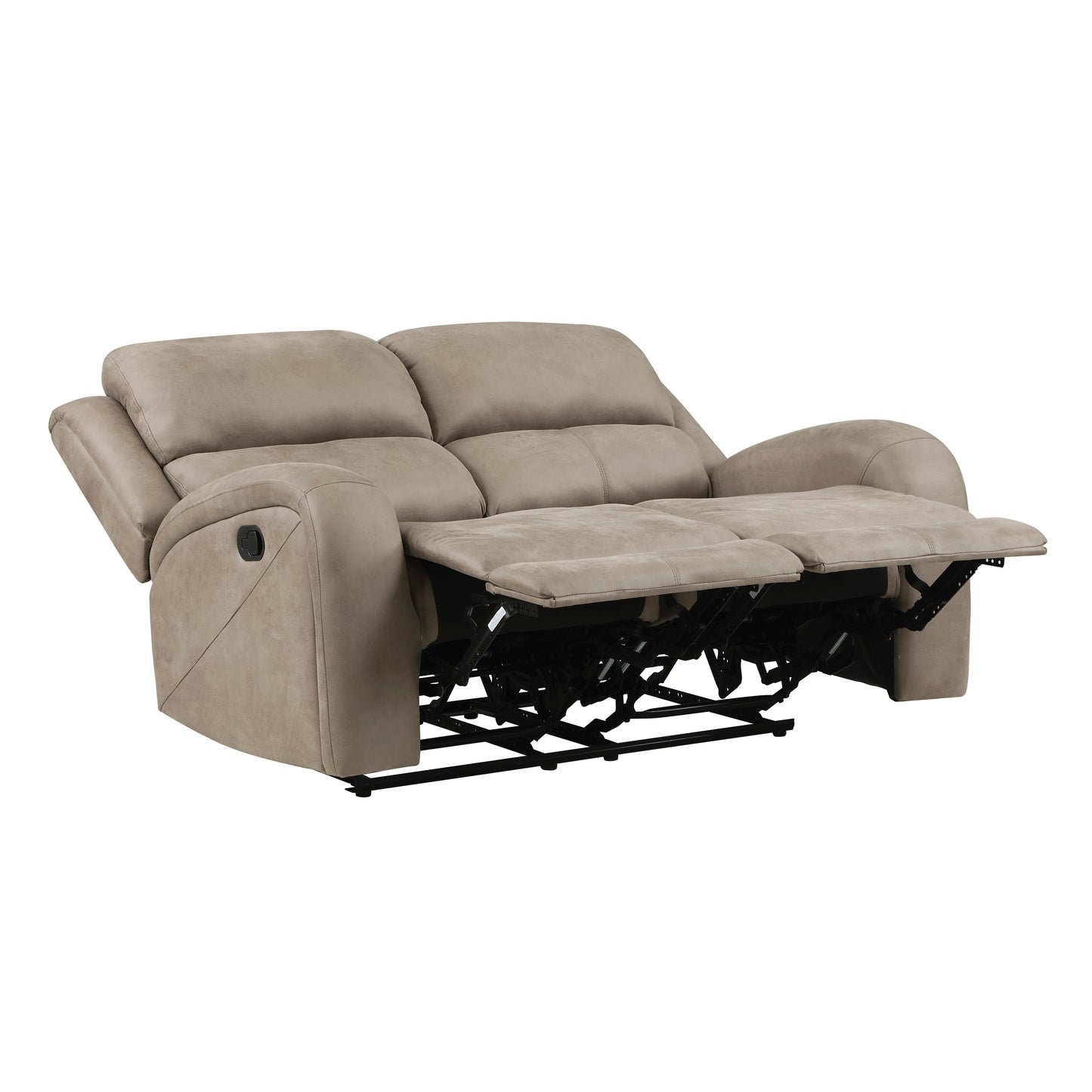 Taupe microfiber loveseat recliner with extended footrests and plush cushioning for ultimate comfort