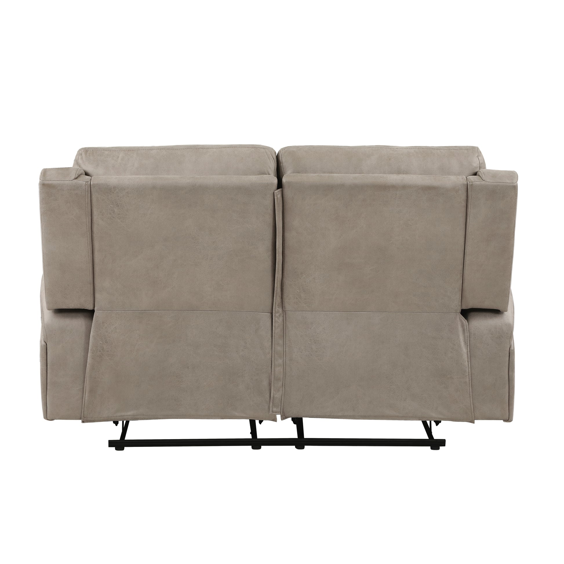 Taupe faux leather reclining sofa back view with metal mechanism