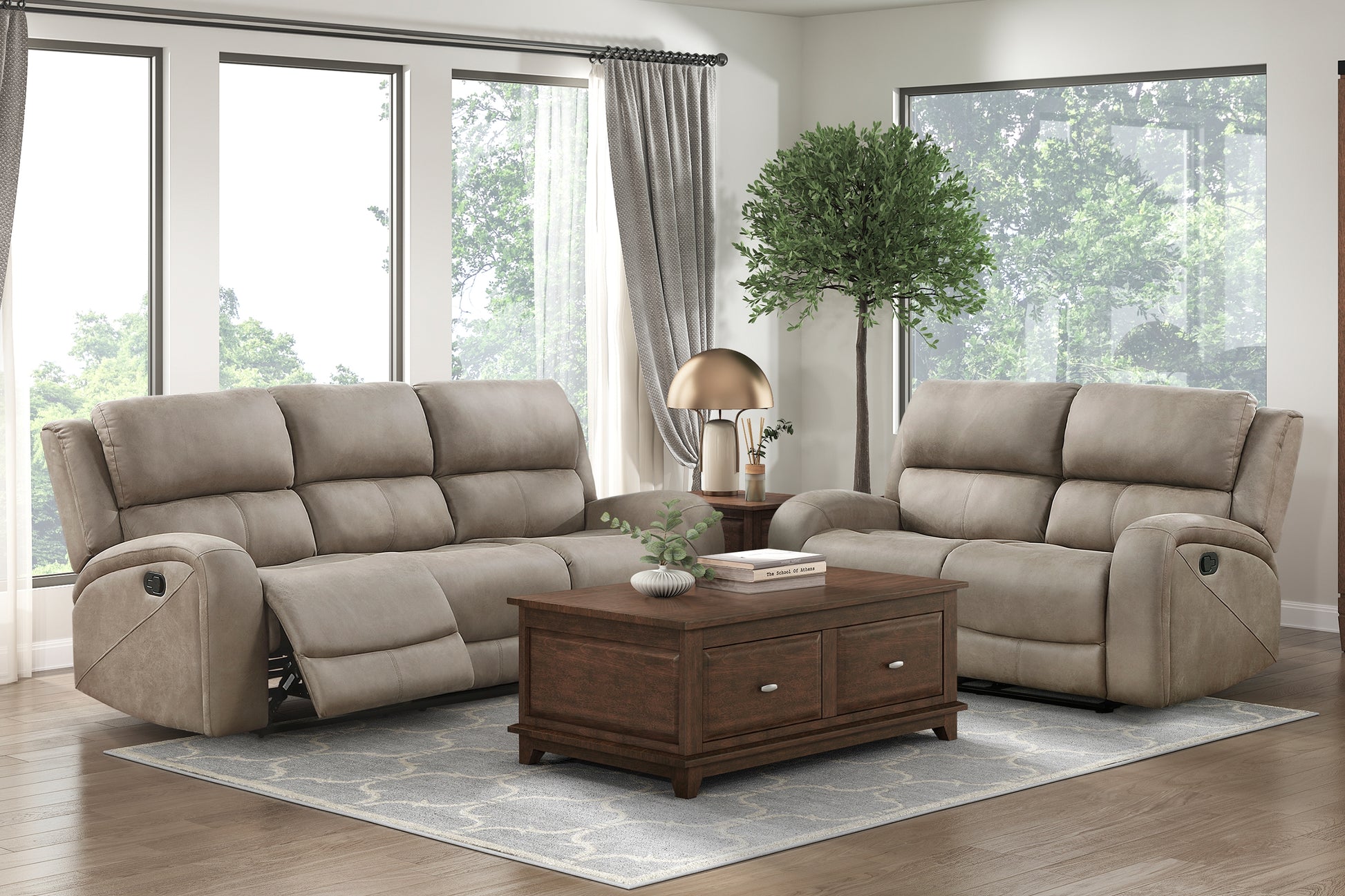 Taupe fabric reclining sofa with plush cushions and exposed levers perfect for living rooms