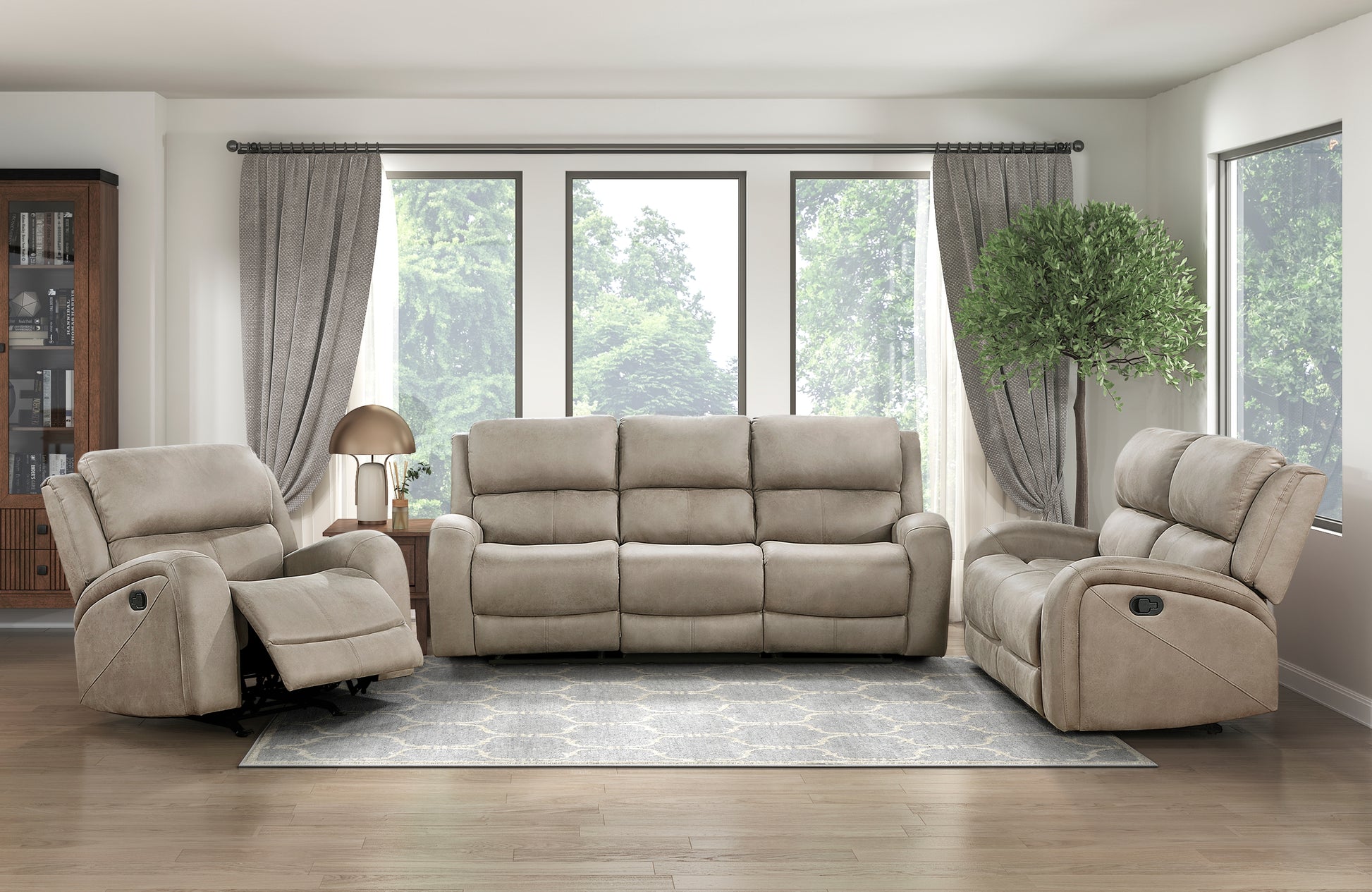 Tan faux leather recliner sofa set with plush cushions and padded arms for ultimate comfort