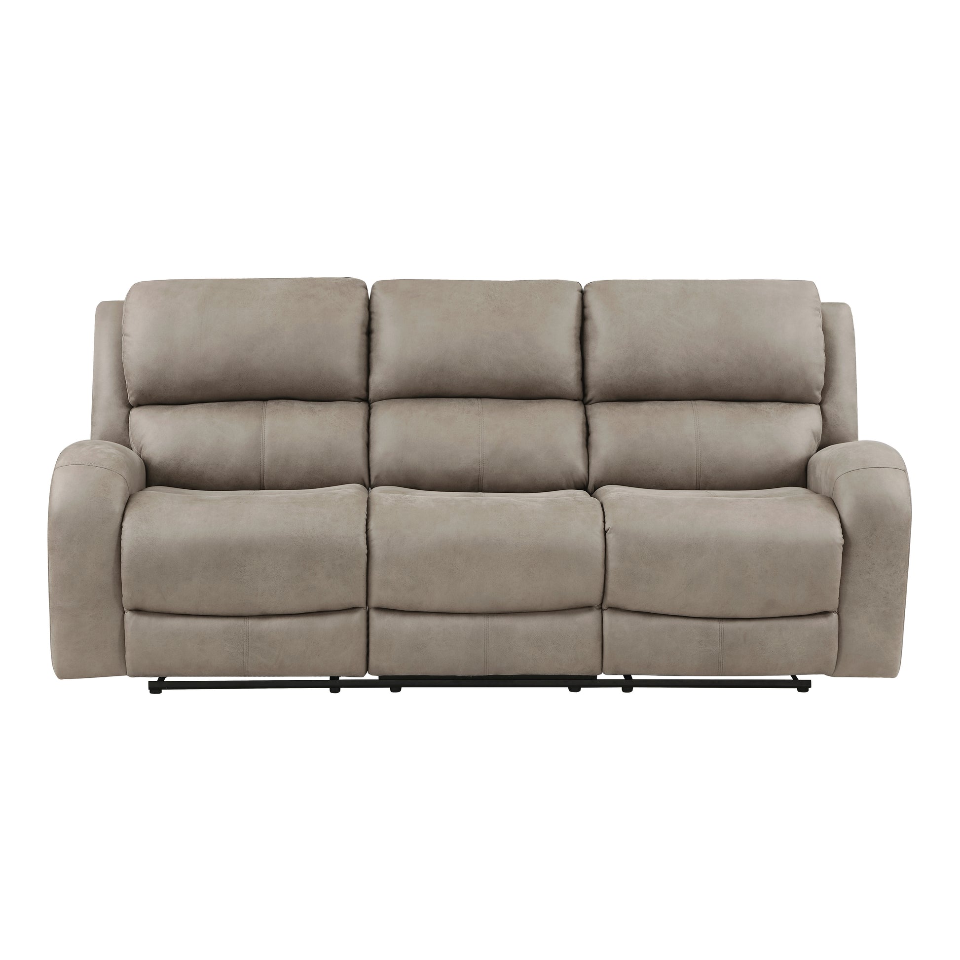 Threeseater taupe recliner sofa with plush segmented cushions and wide arms Ideal for living rooms
