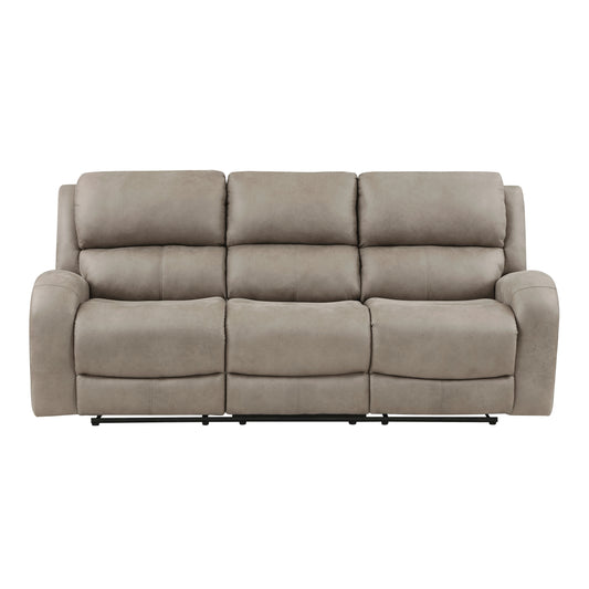 Threeseater taupe recliner sofa with plush segmented cushions and wide arms Ideal for living rooms