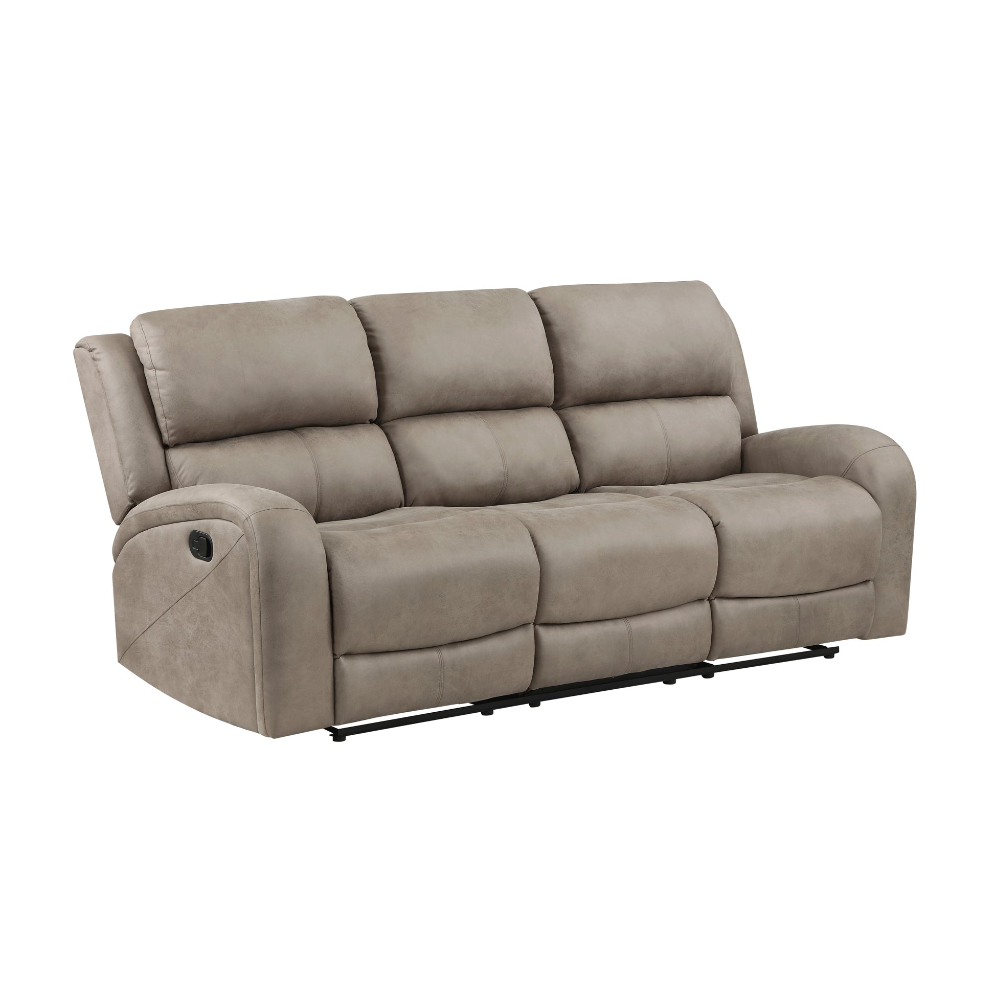 Taupe leather threeseat reclining sofa with plush segmented cushions