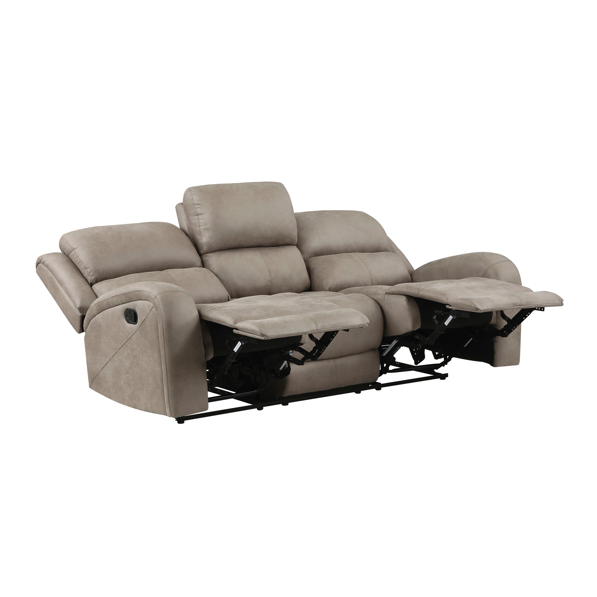Taupe faux leather threeseater reclining sofa with plush cushions and manual levers for easy adjustment