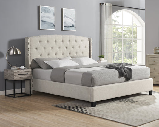 Tufted beige linen bed with arched headboard