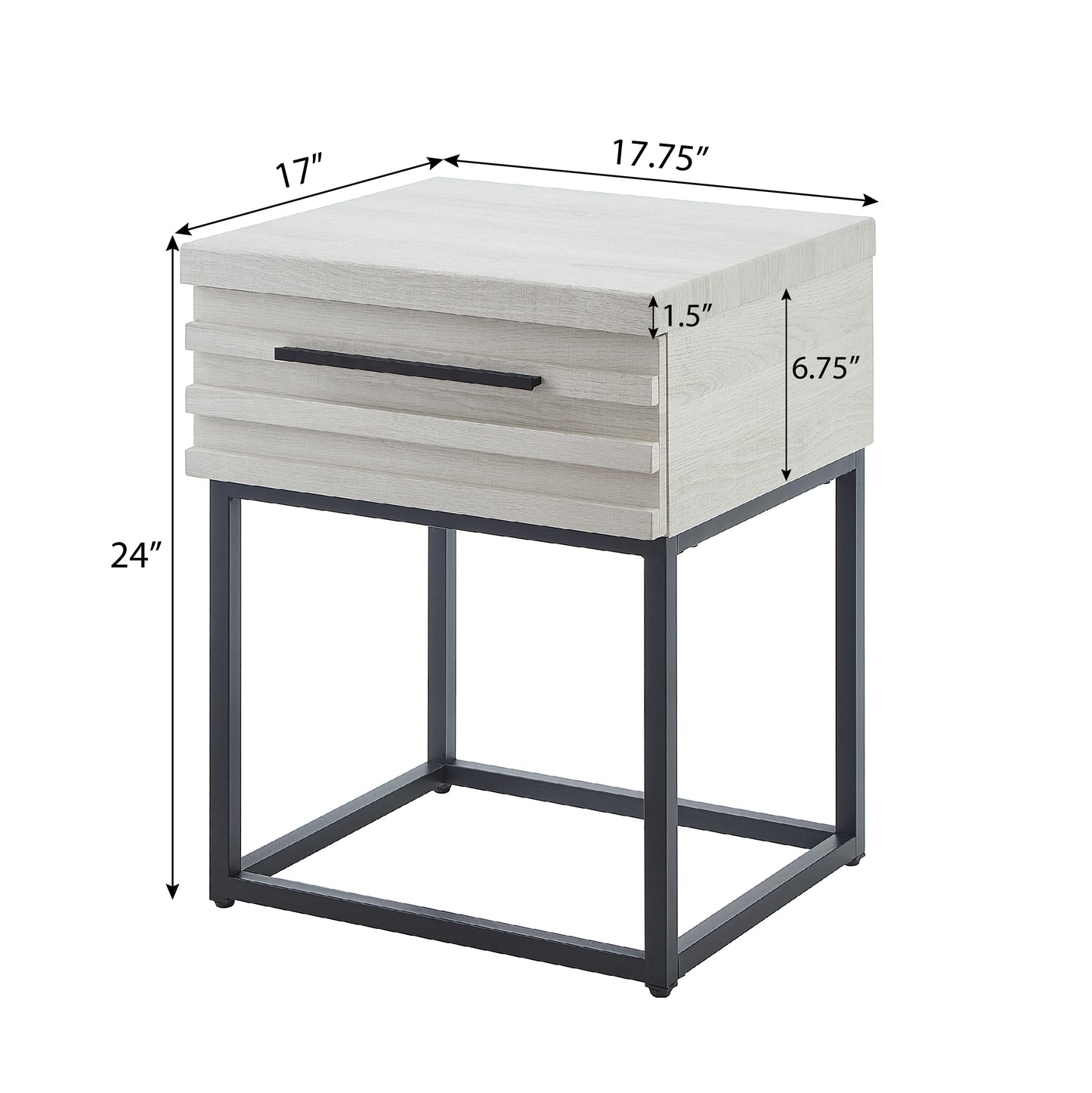 Light wood grain end table with fluted drawer front and black metal legs