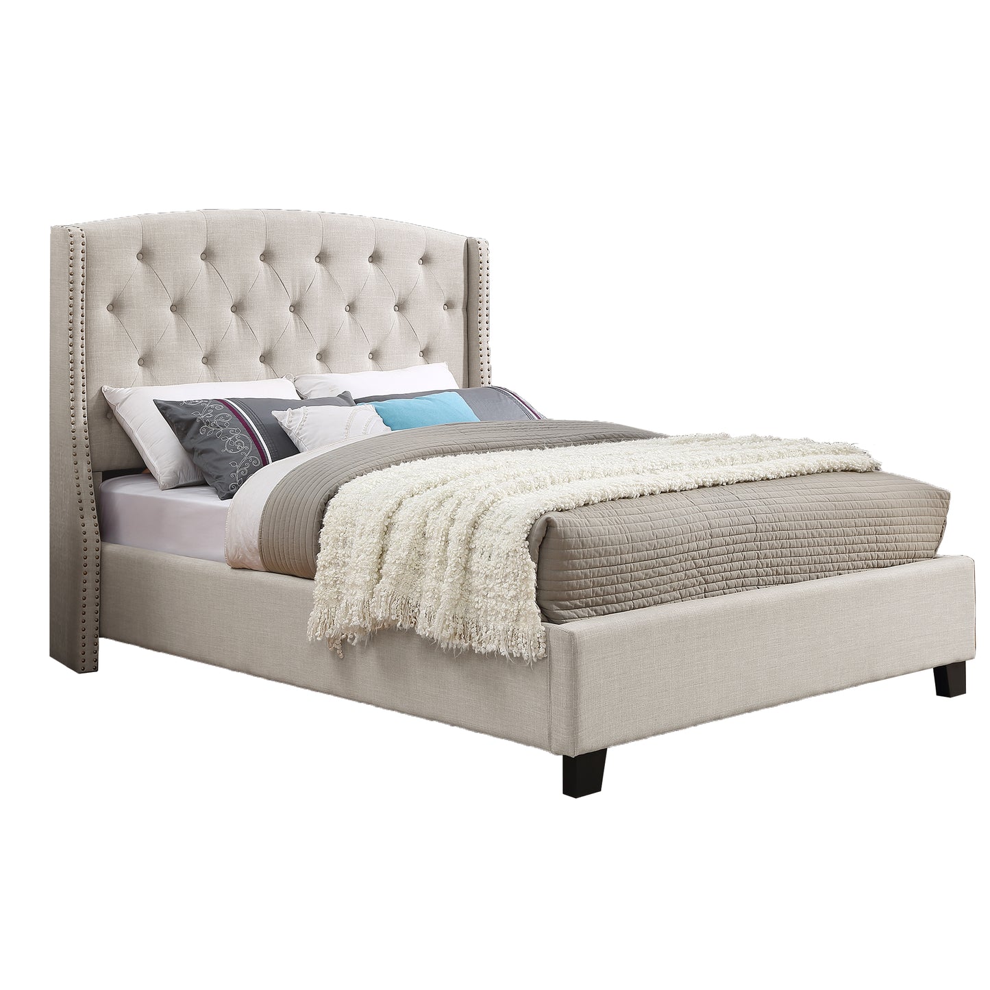 Tufted beige upholstered king bed with nailhead trim