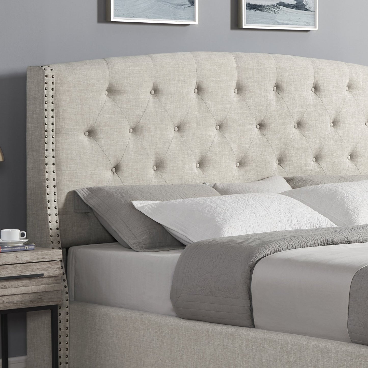 Tufted linen queen bed frame with nailhead trim headboard