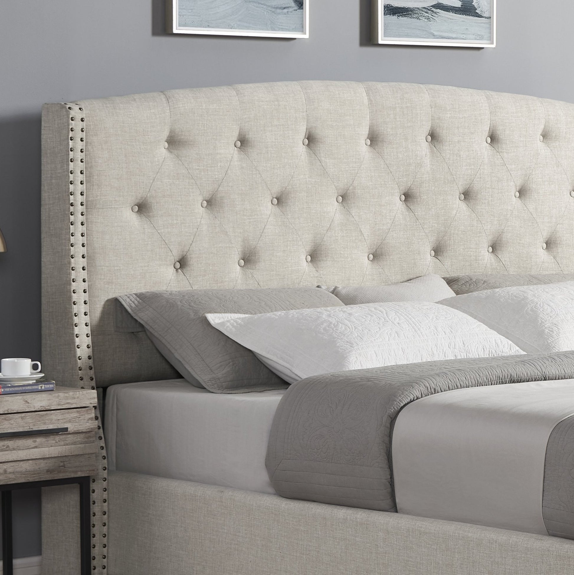 Tufted linen queen bed frame with nailhead trim headboard