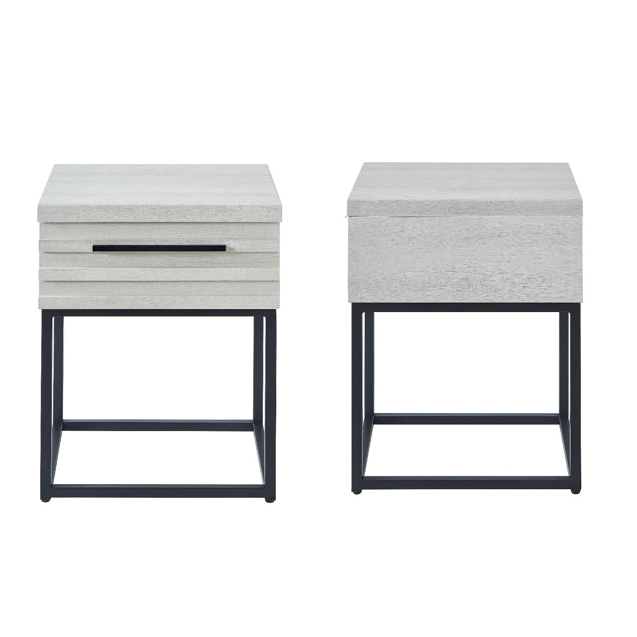 White wood grain bedside table with black metal frame