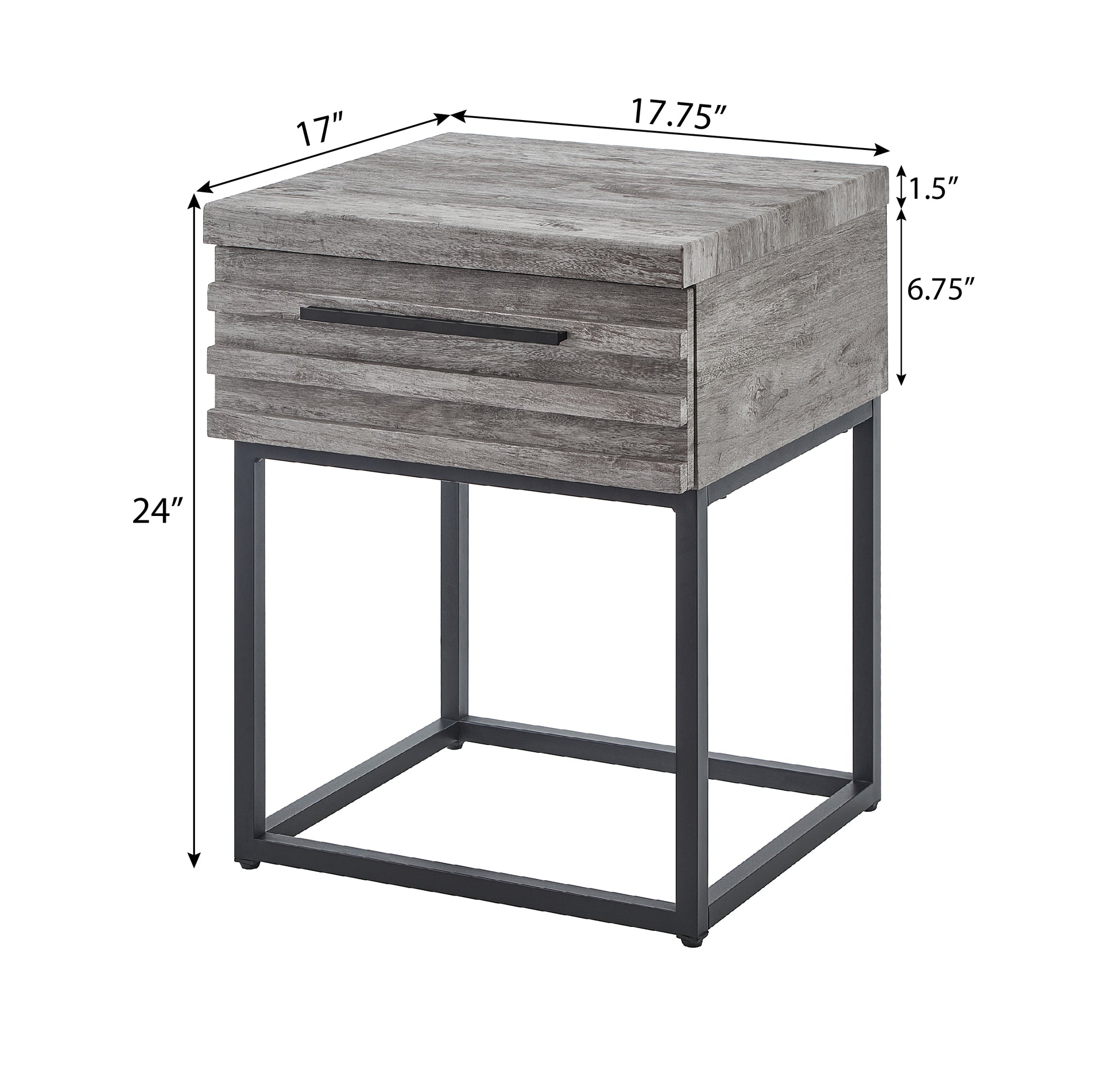 Gray woodlook end table with black metal frame and one drawer