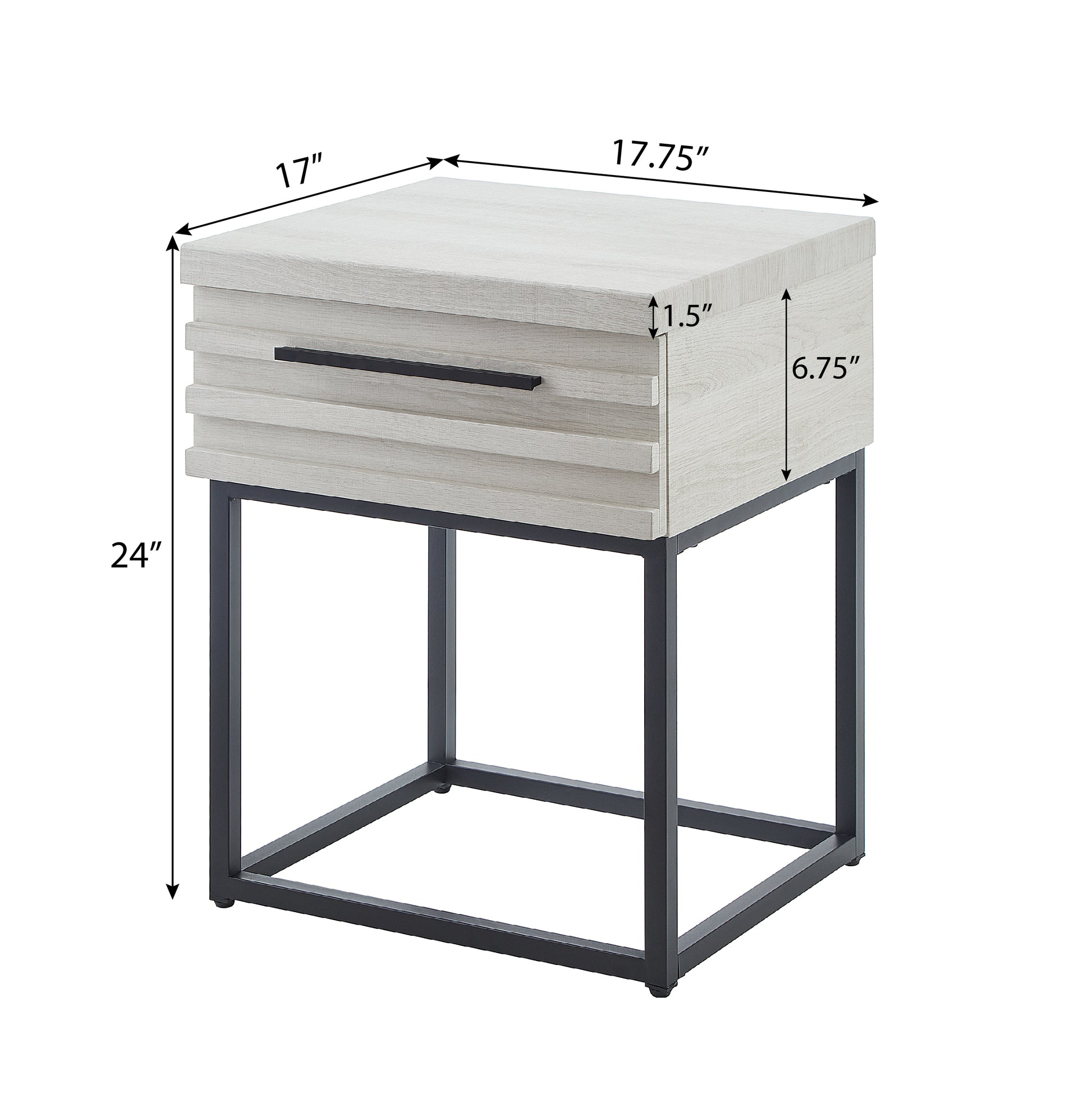 Light oak wood side table with a black metal frame and one drawer