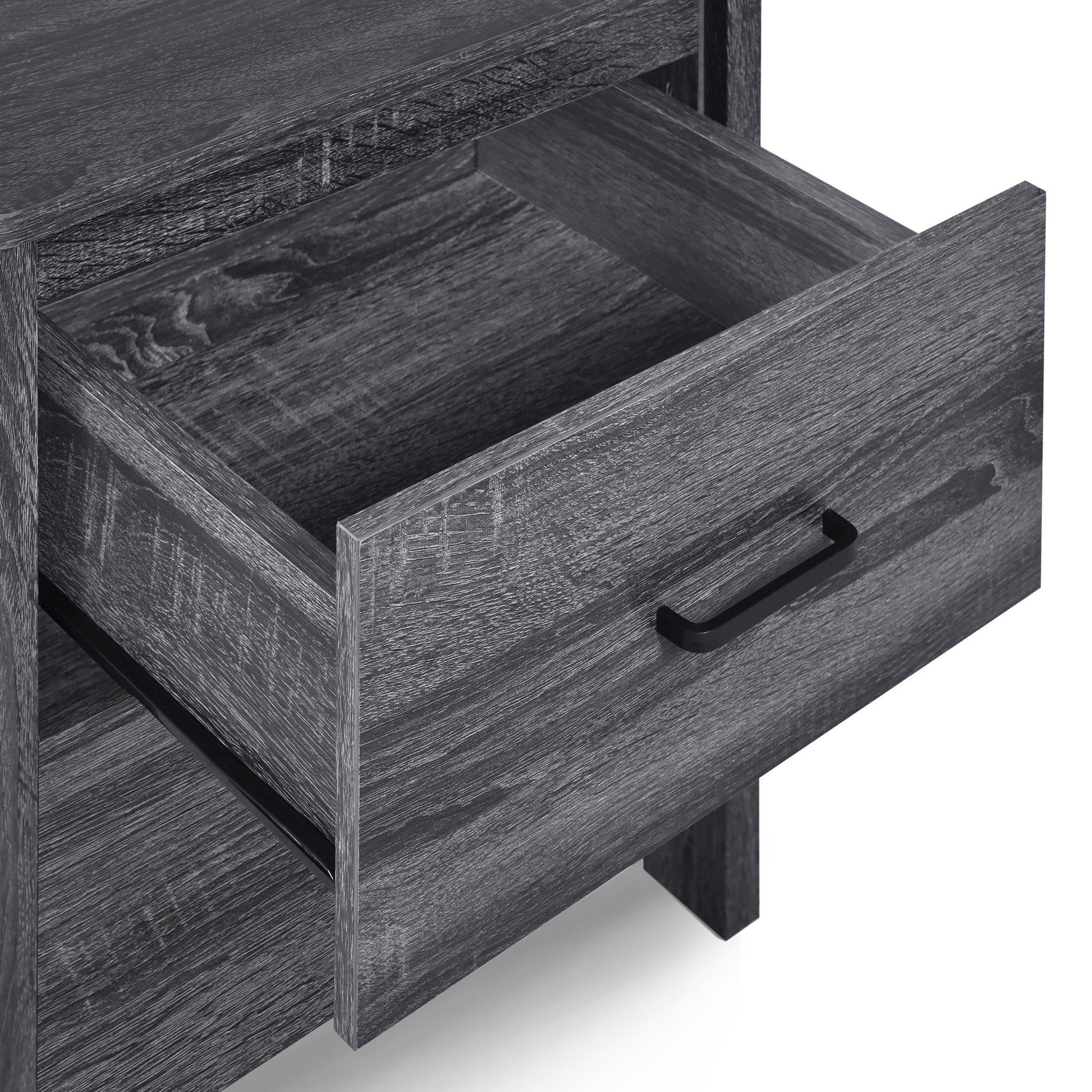 Dark grey wood veneer nightstand with open drawer and black handle