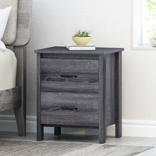 Gray wood grain nightstand with two drawers and black metal pulls