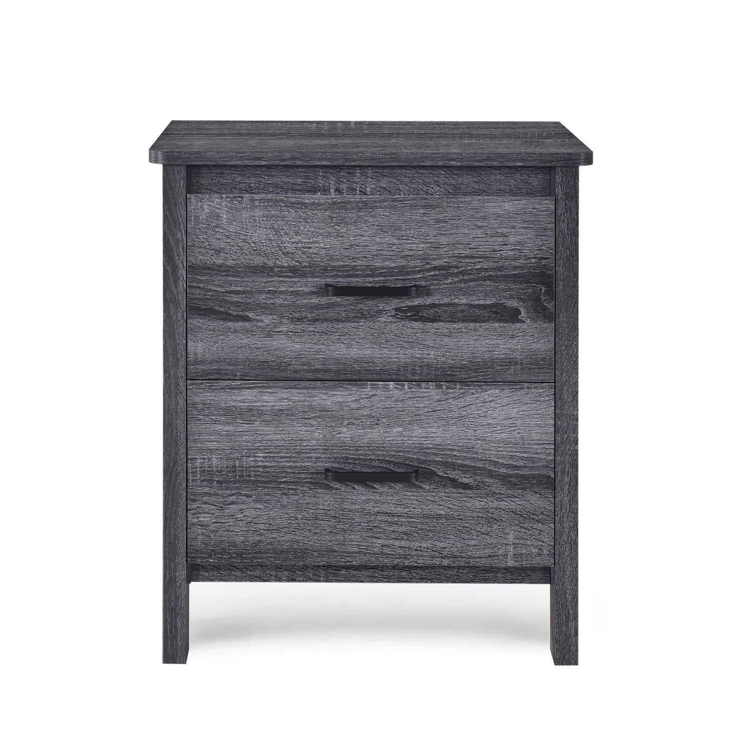 Dark gray wooden nightstand with two drawers and black handles