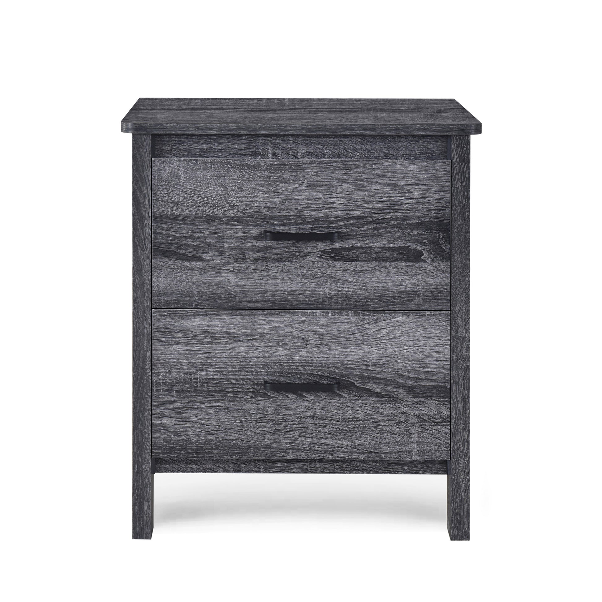 Dark gray wooden nightstand with two drawers and black handles