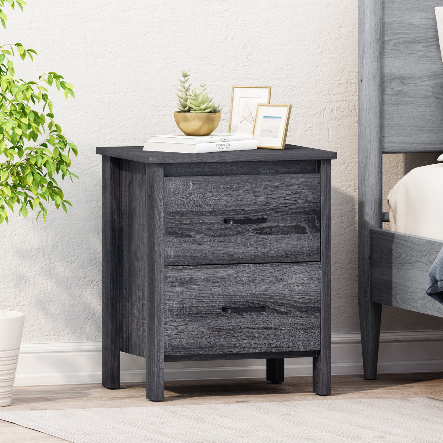 Dark grey wood grain nightstand with two drawers and modern black handles