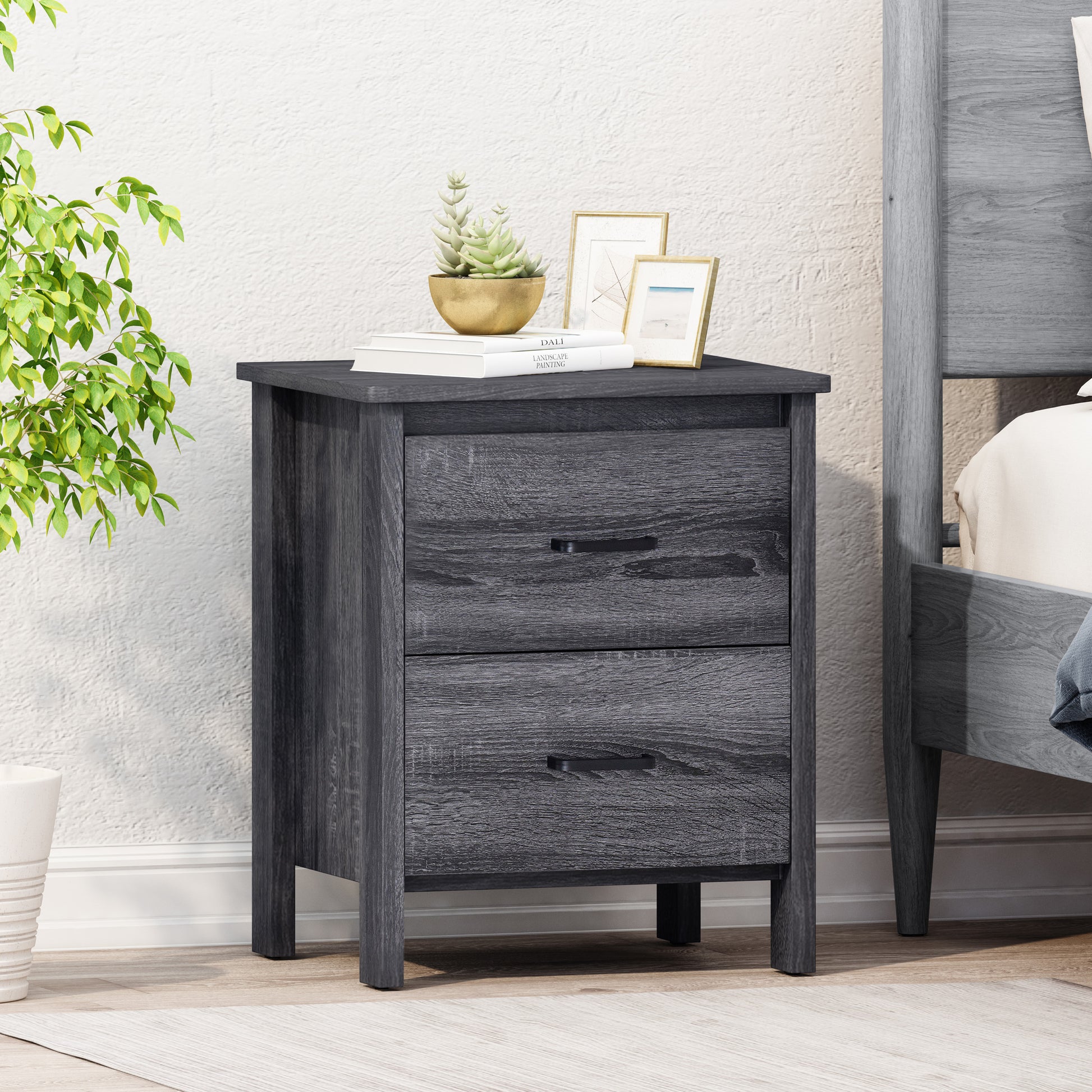 Dark grey wood grain nightstand with two drawers and modern black handles