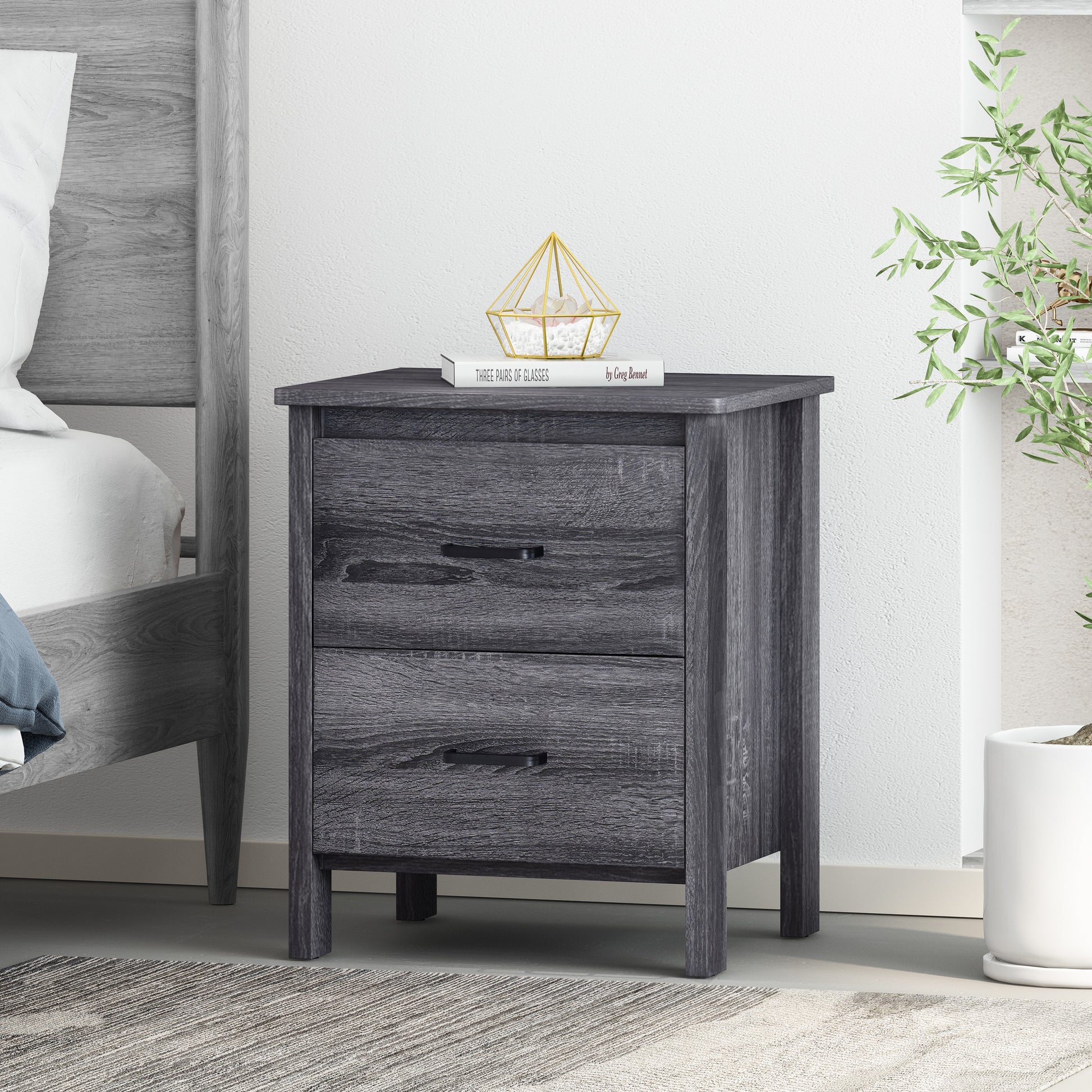 Gray wood finish twodrawer nightstand with black pulls