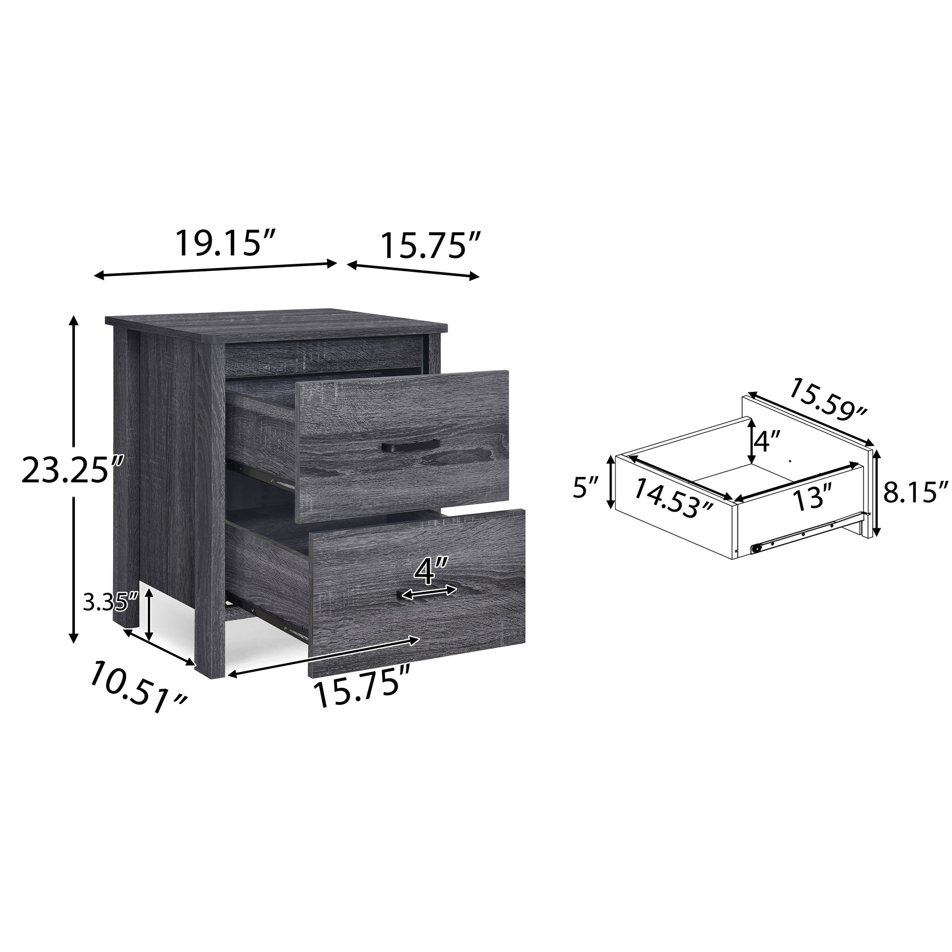 Dark grey woodgrain nightstand with two open drawers and dimensional callouts