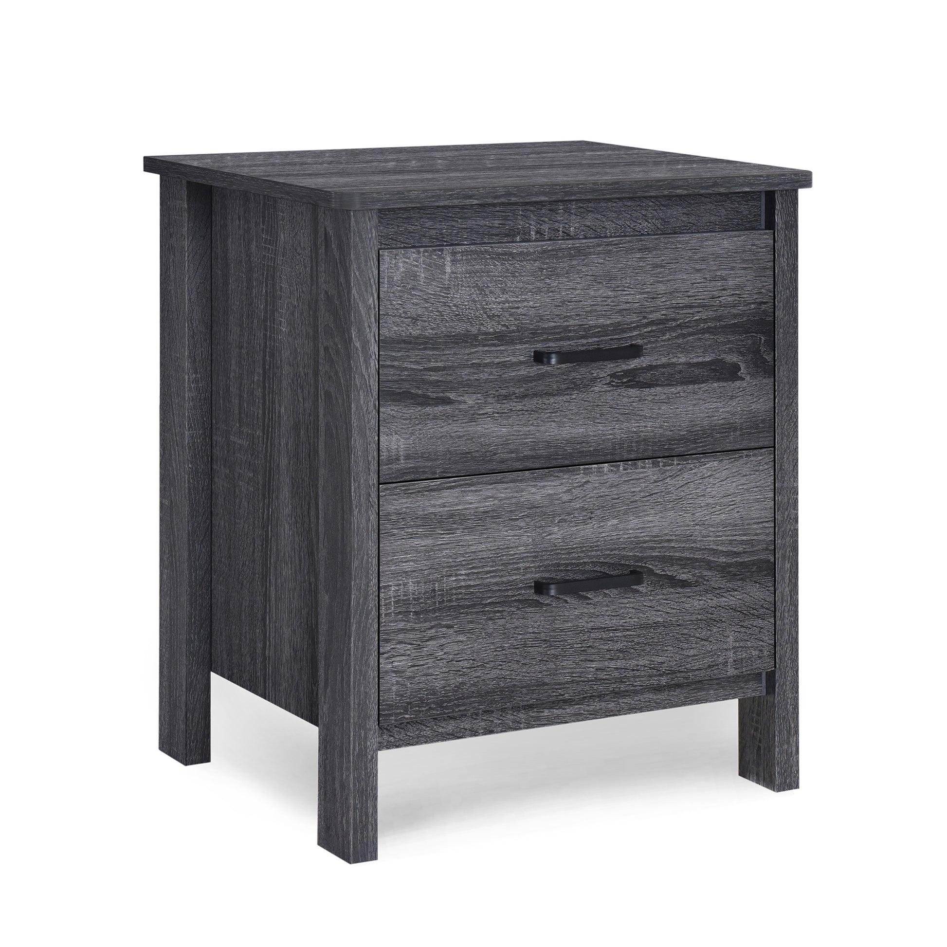 Twodrawer grey wood grain nightstand with black handles