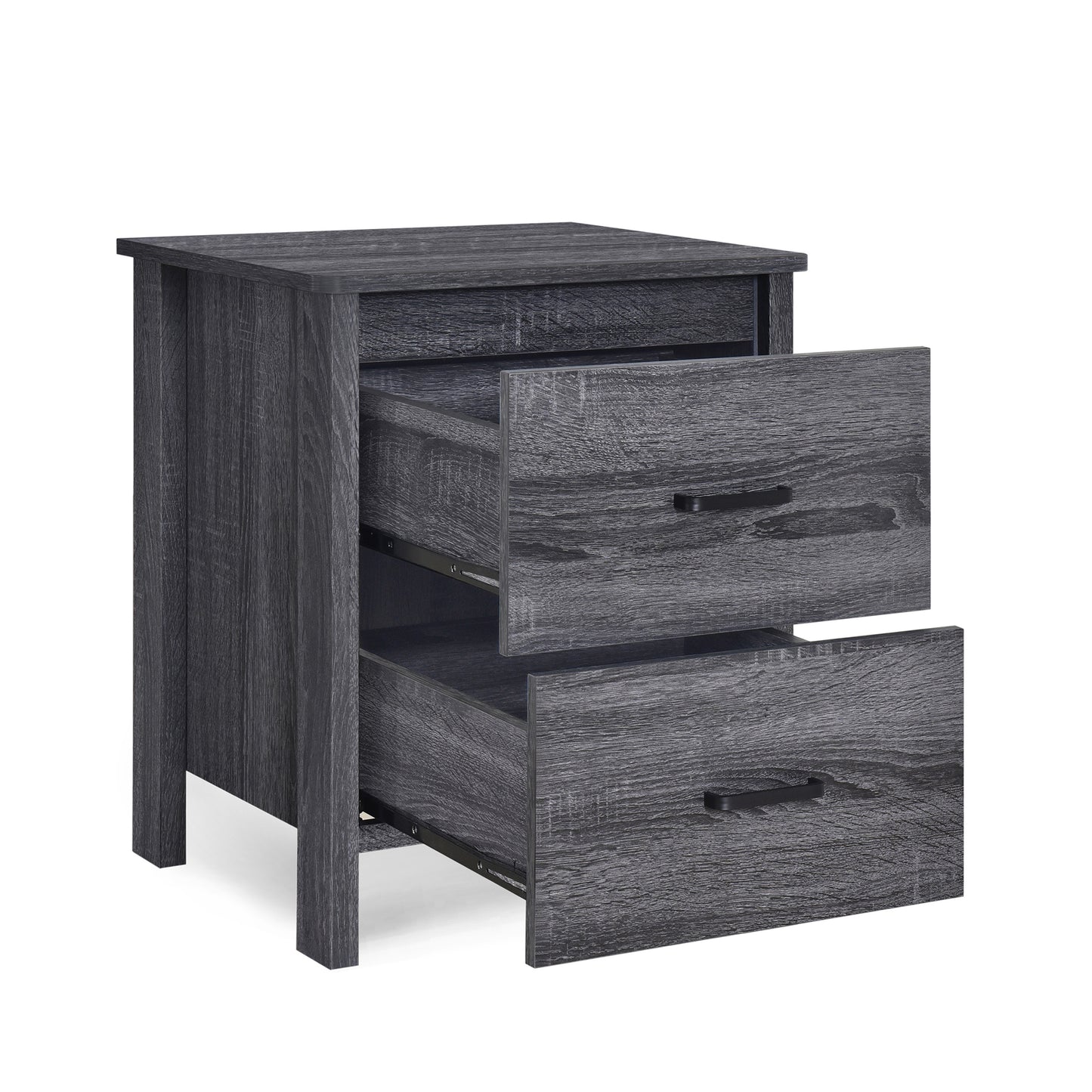 Dark gray wood finish nightstand with two open drawers