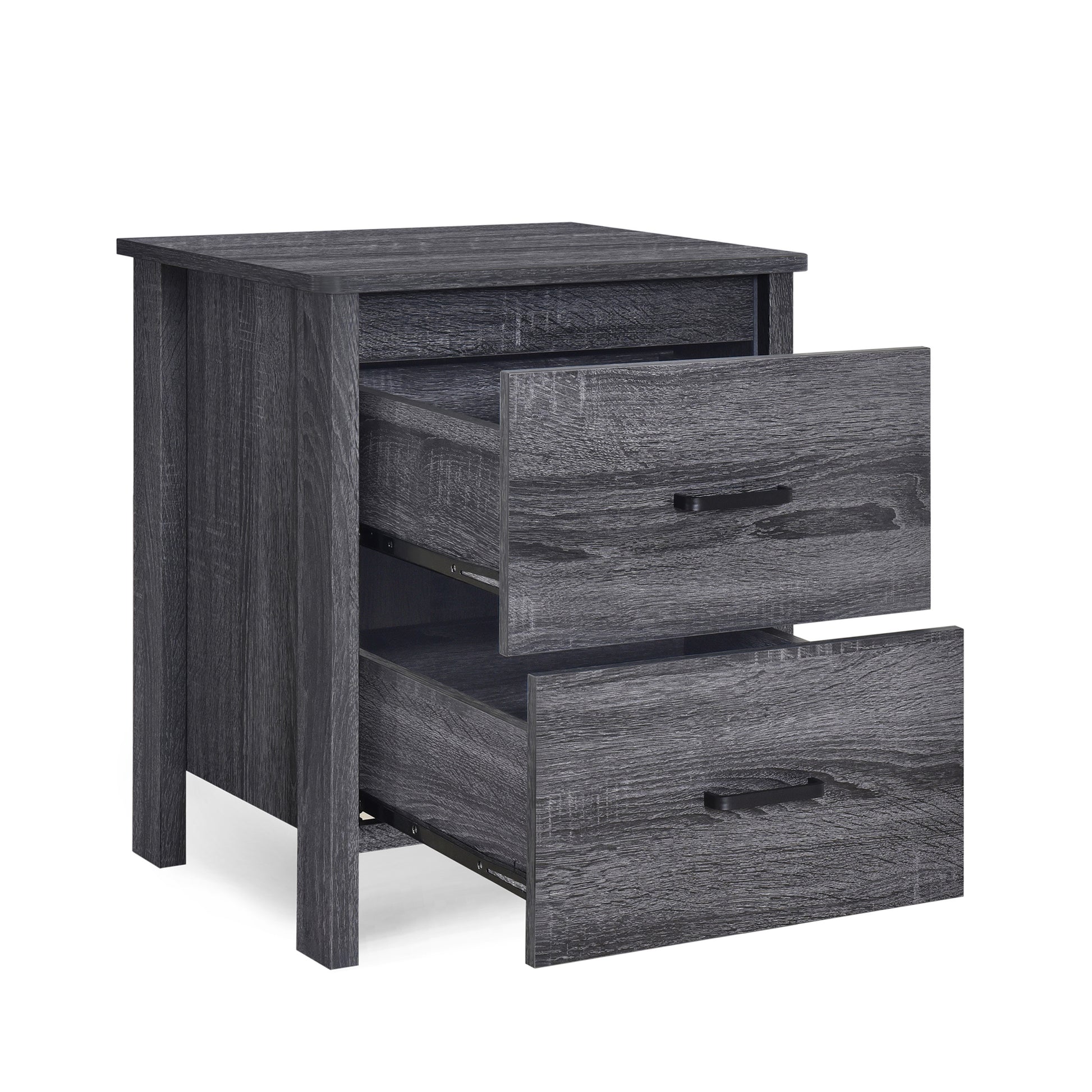 Dark gray wood finish nightstand with two open drawers