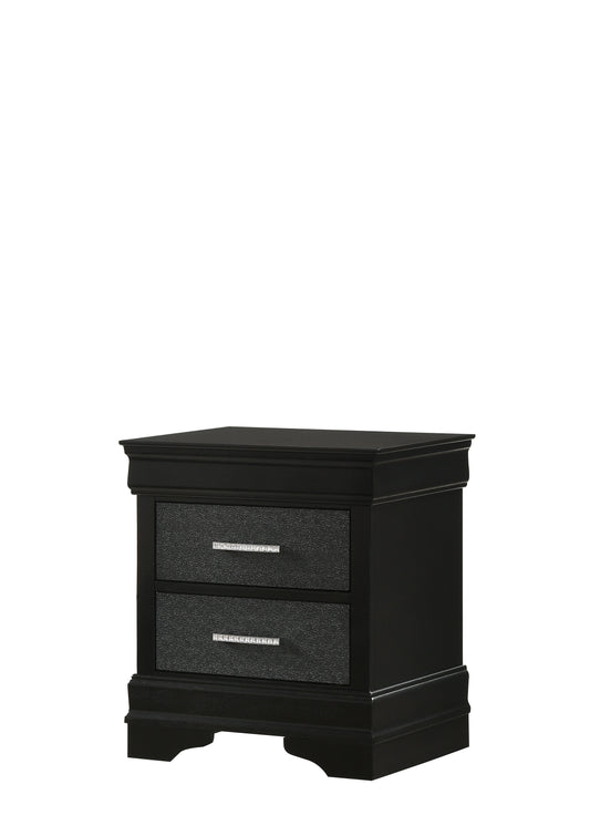 Black mirrored nightstand with two drawers and crystal accents
