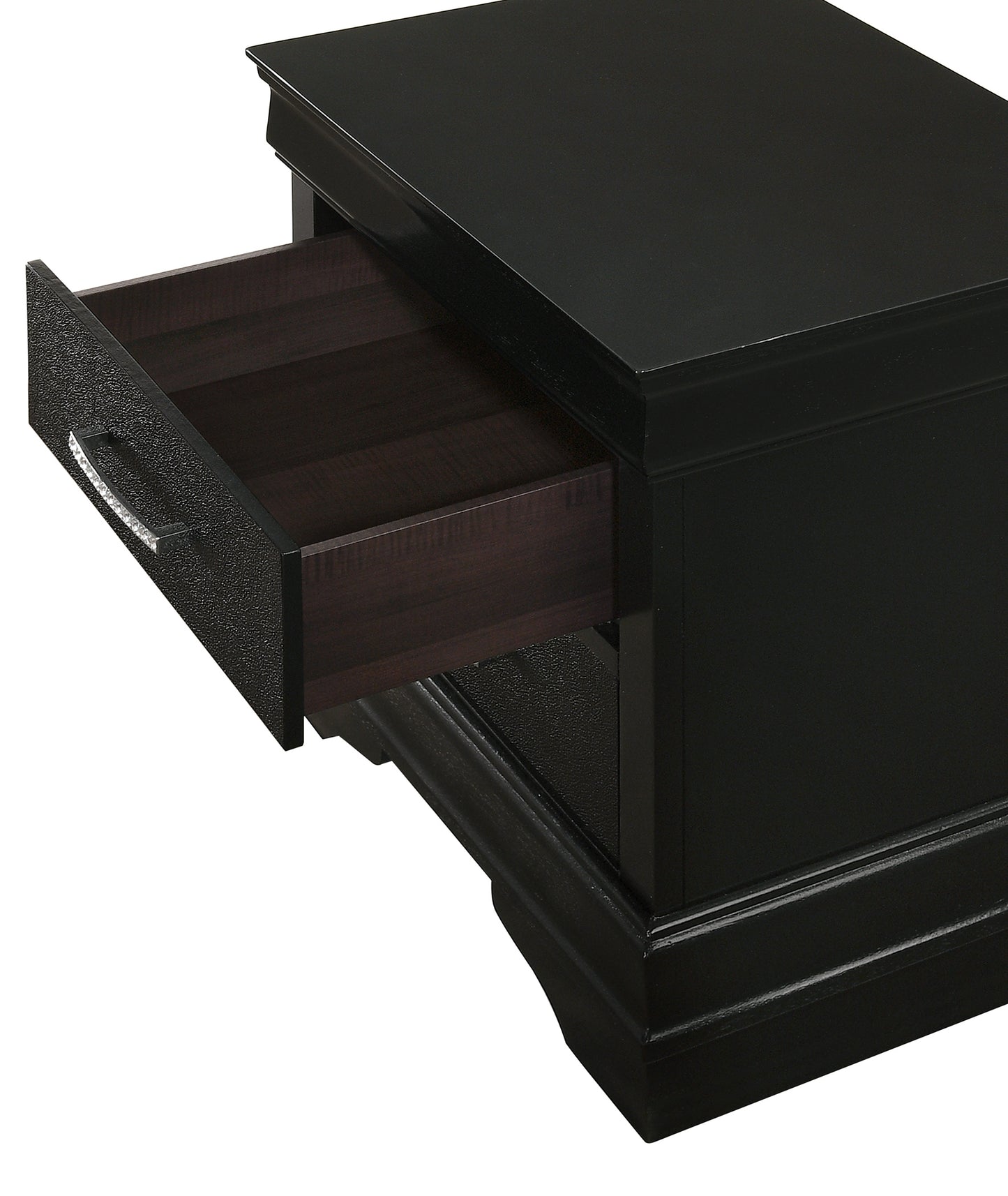 Black wooden side table with open drawer and silver handle