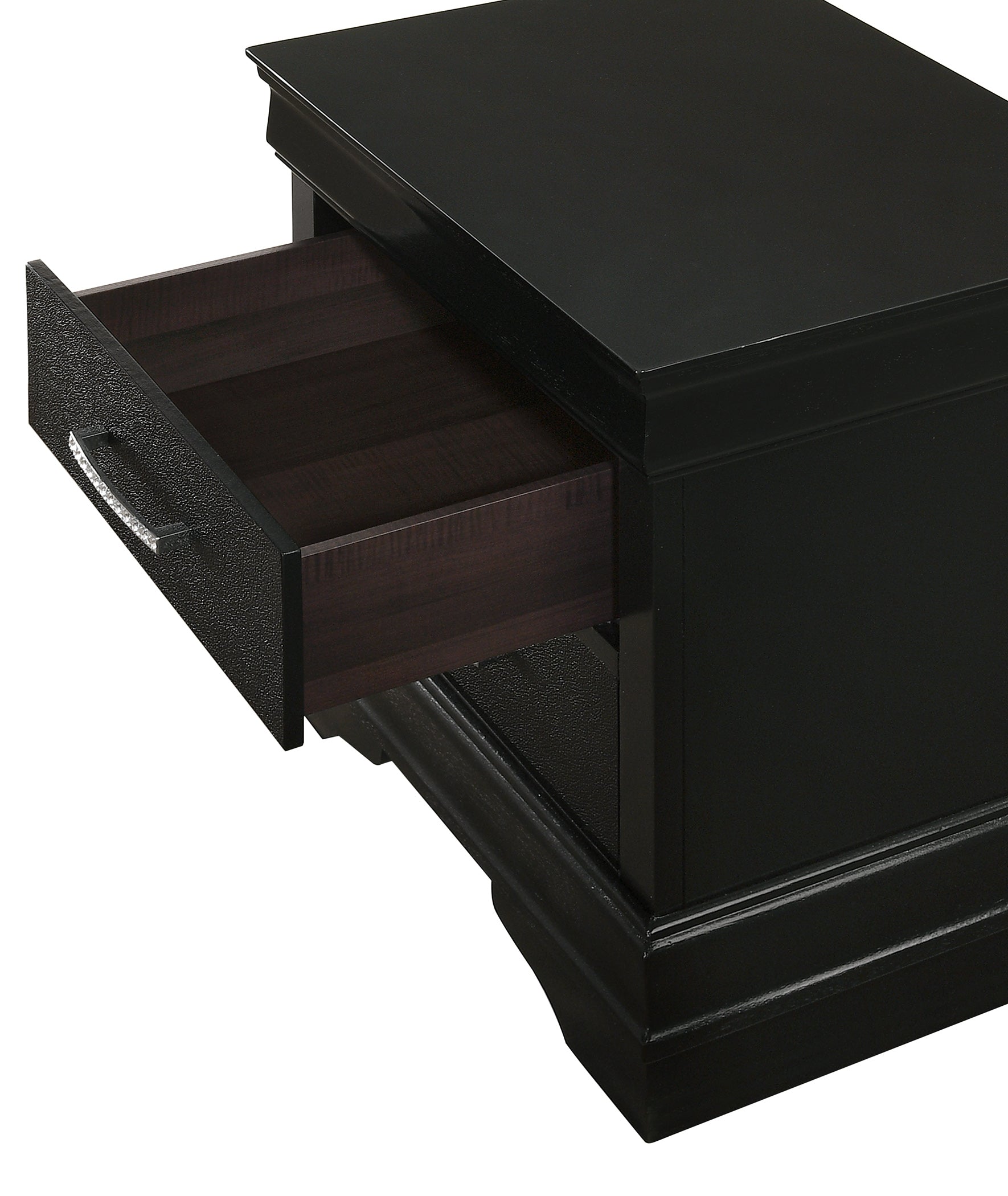 Black wooden side table with open drawer and silver handle