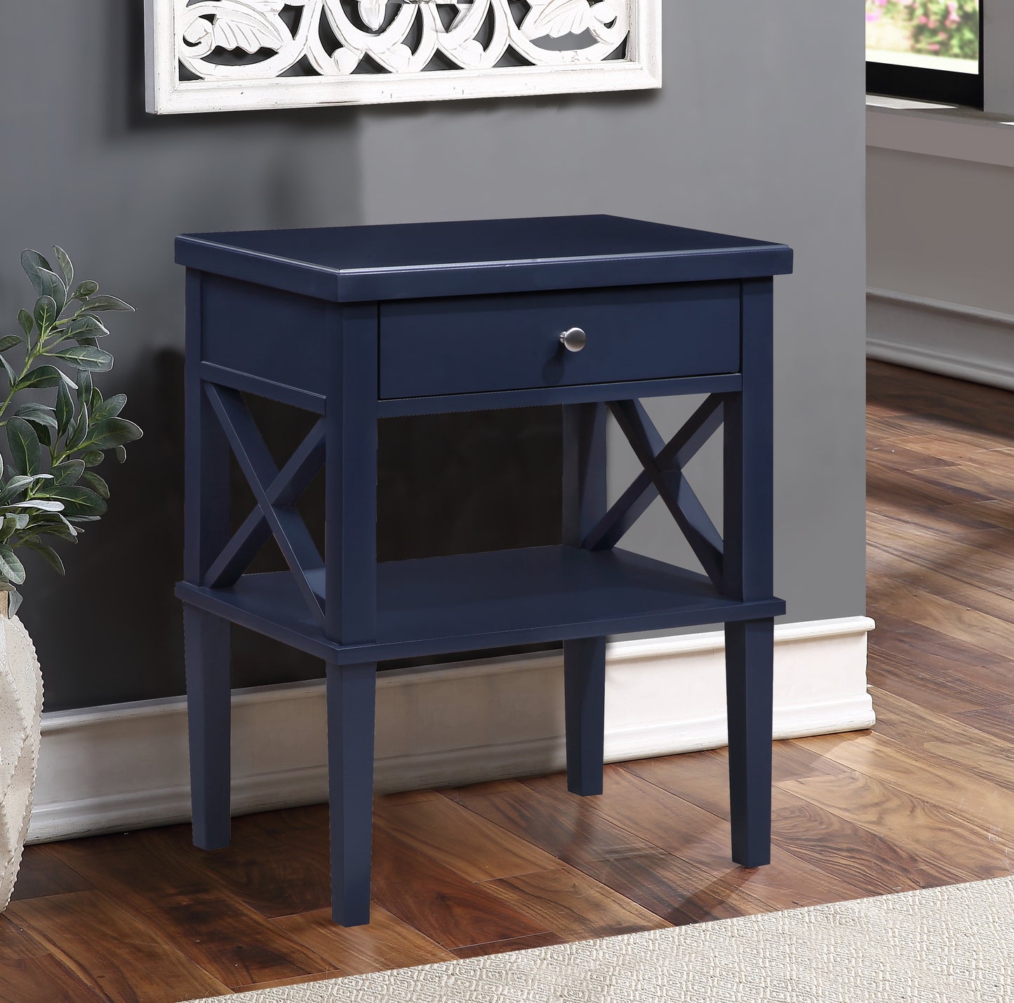 Dark blue wooden end table with drawer and lower shelf
