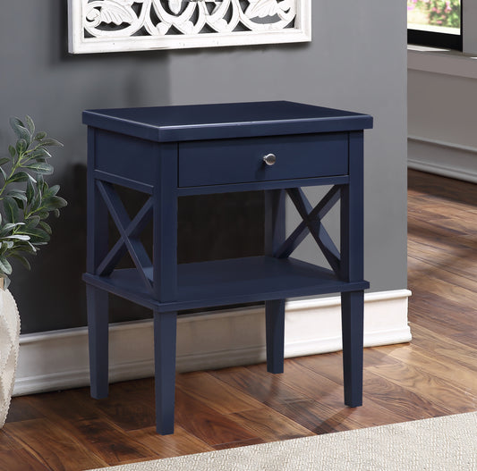 Dark blue wooden end table with drawer and lower shelf