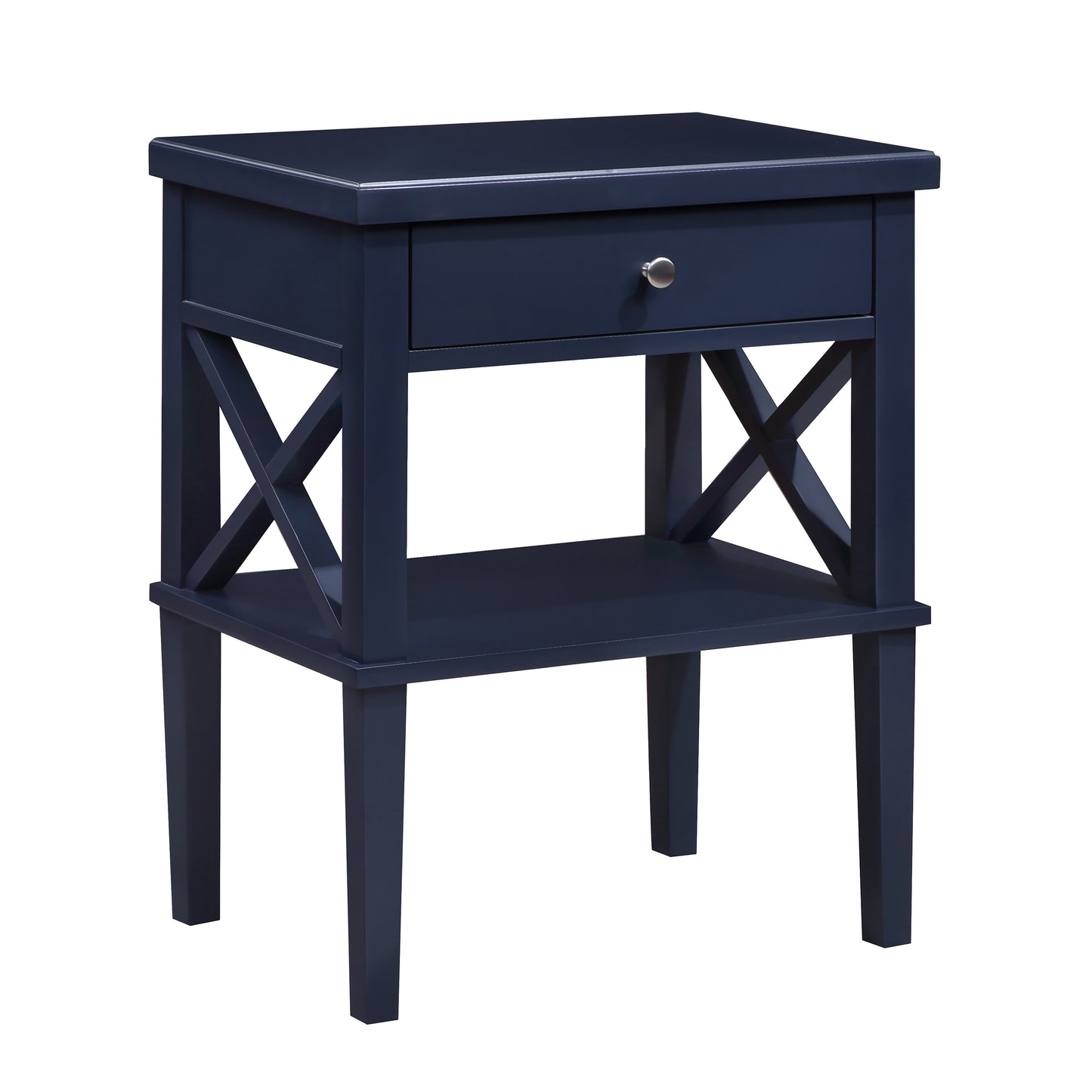 Navy blue wooden nightstand with one drawer and open shelf
