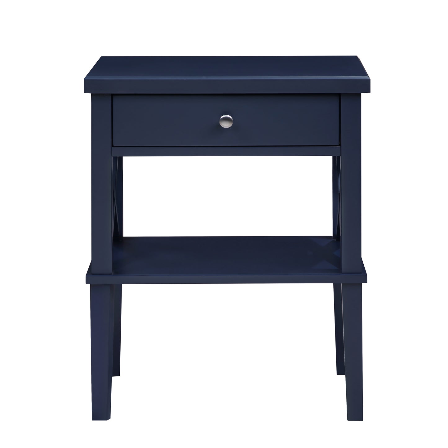 Dark navy bedside table with one drawer and open shelf