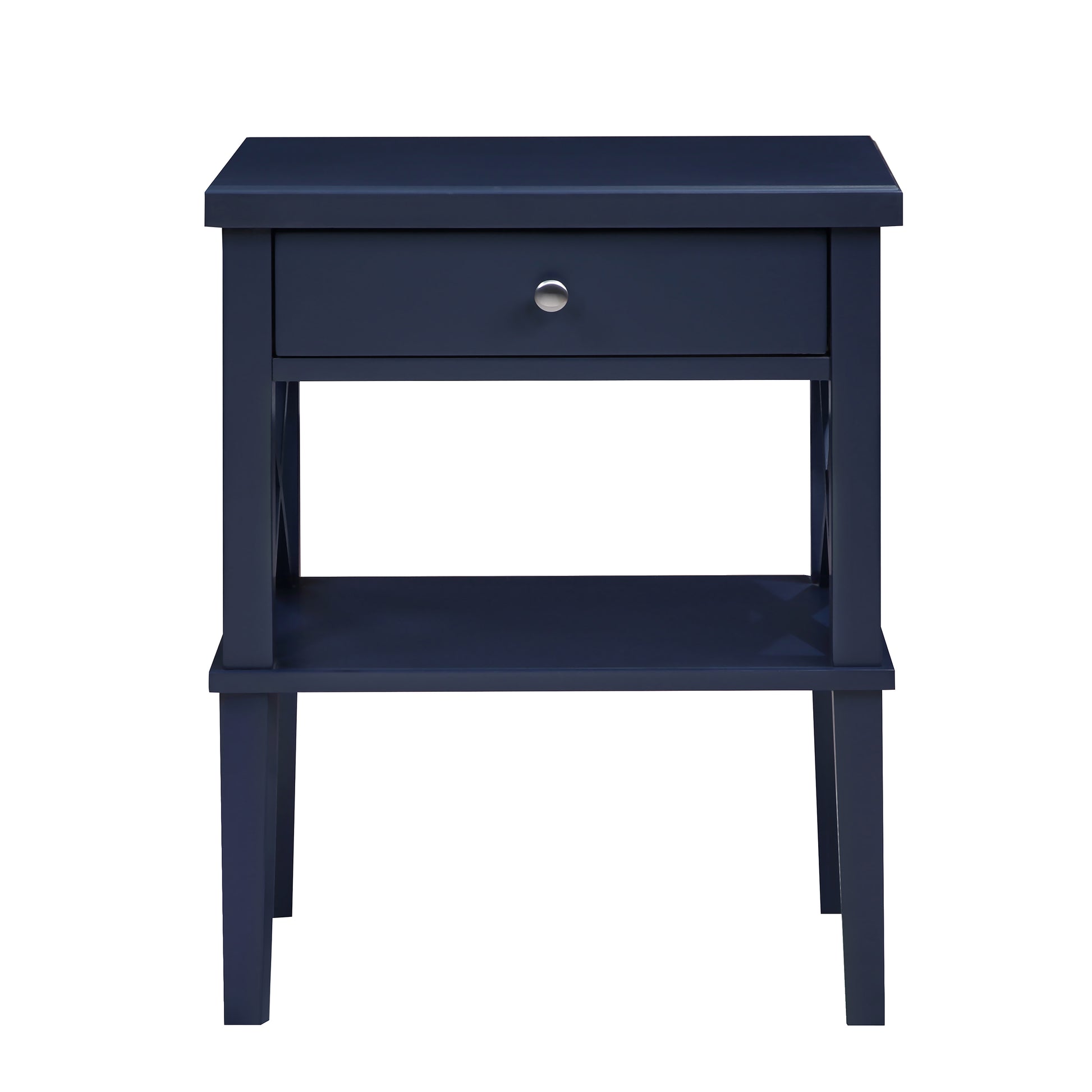 Dark navy bedside table with one drawer and open shelf