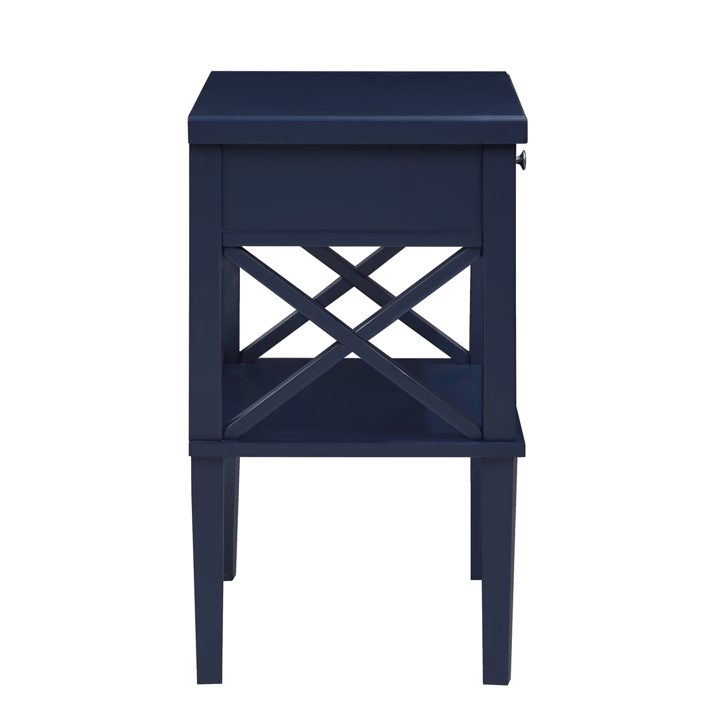 Navy blue wooden nightstand with Xdesign shelf and one drawer