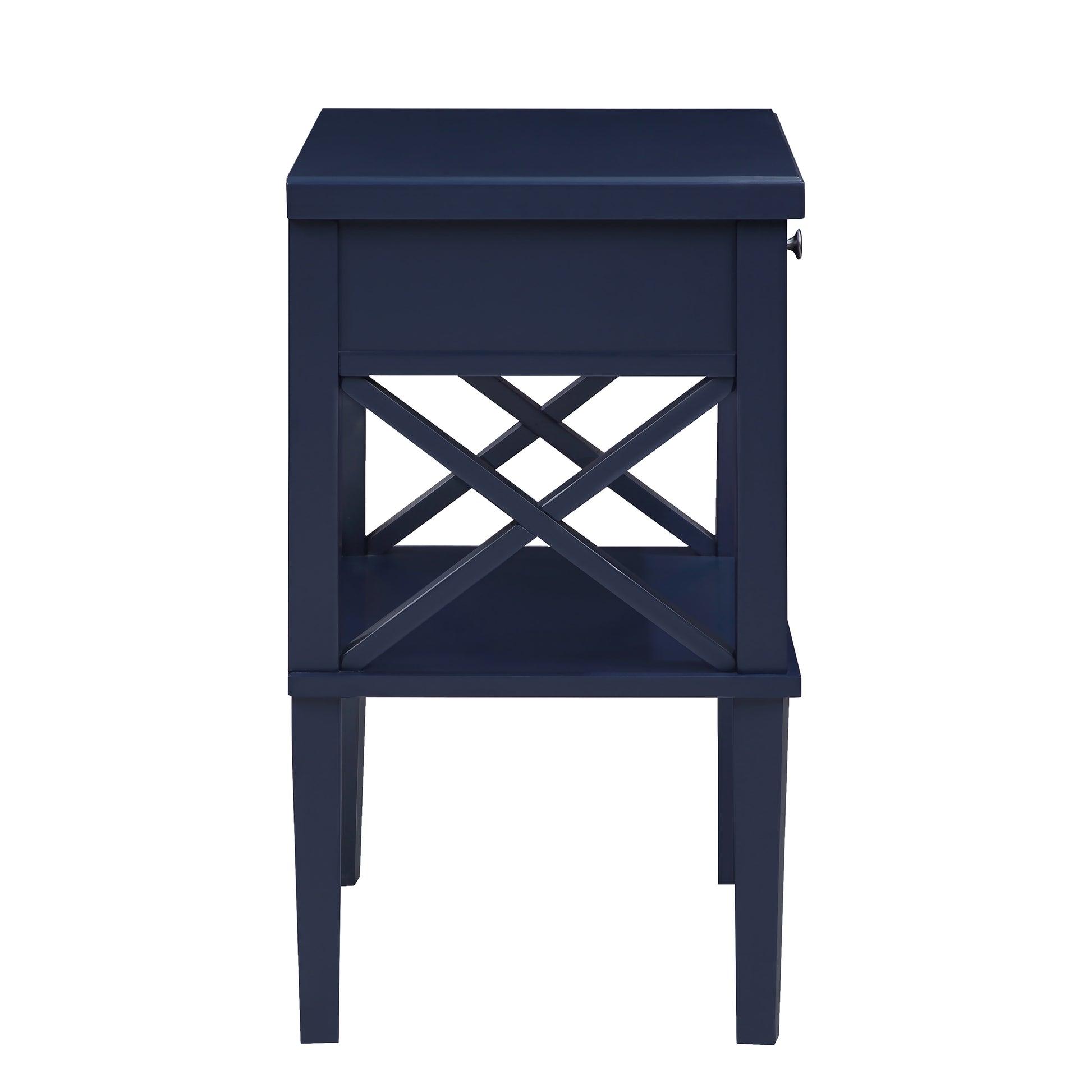 Navy blue wooden nightstand with Xdesign shelf and one drawer