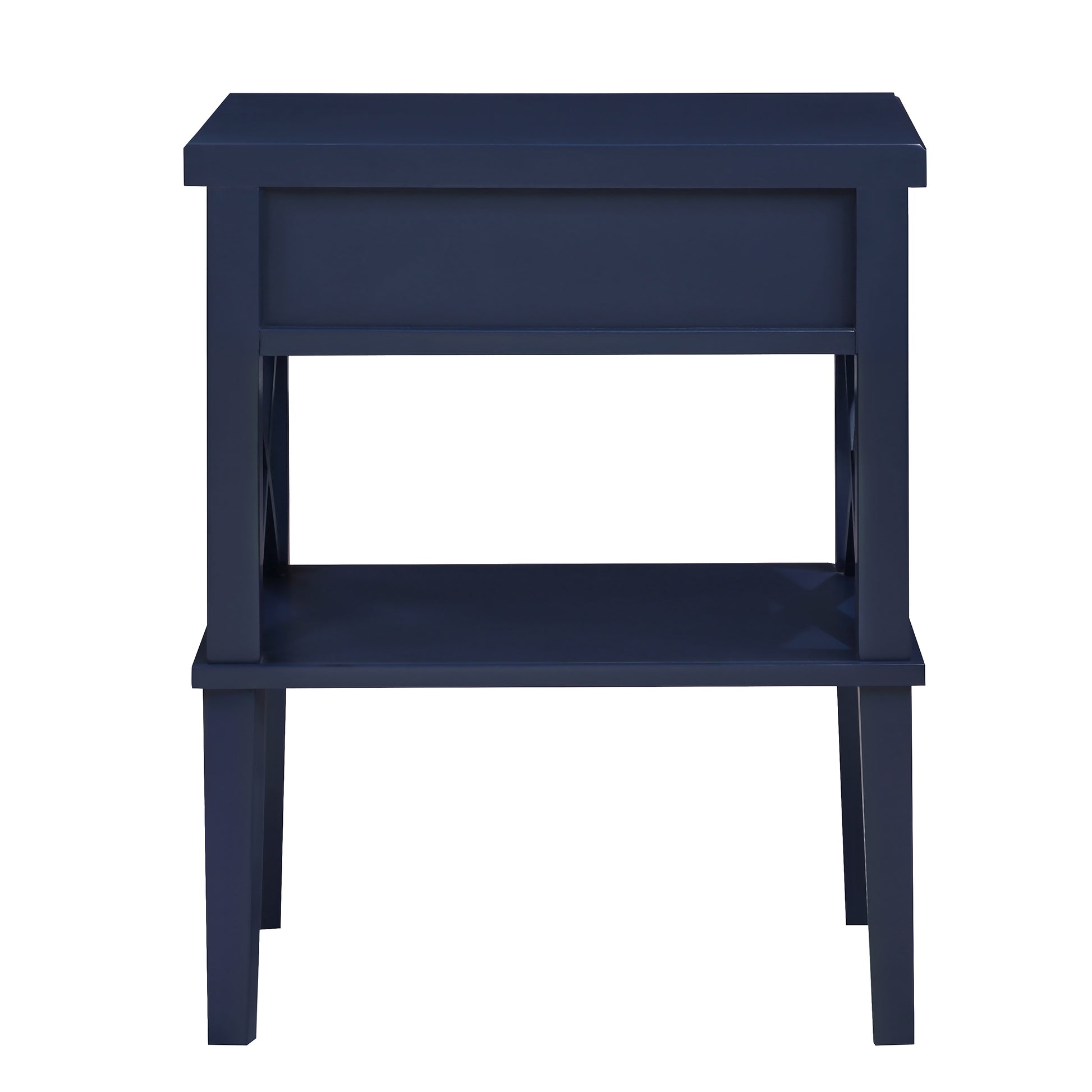 Navy blue modern nightstand with open shelf and drawer