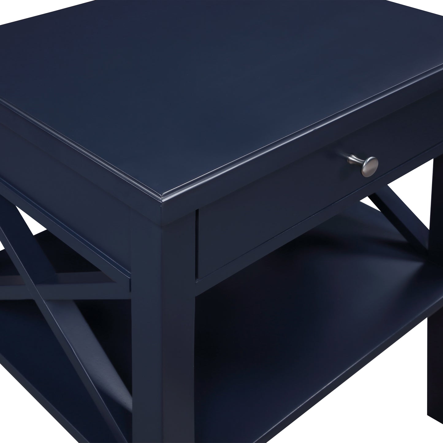 Dark blue wooden end table with drawer and shelf